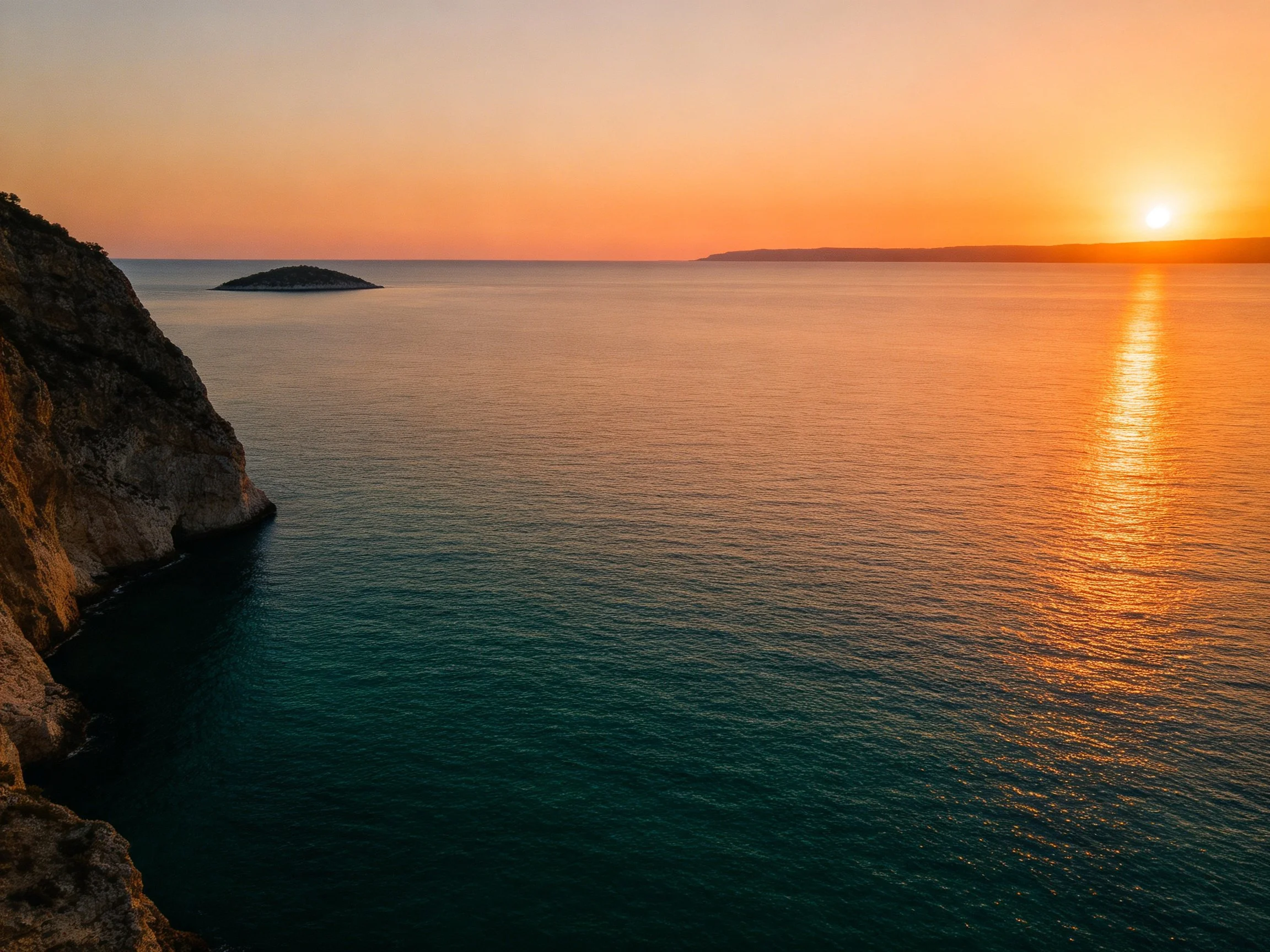 Golden sunset over calm turquoise waters beside rocky cliffs