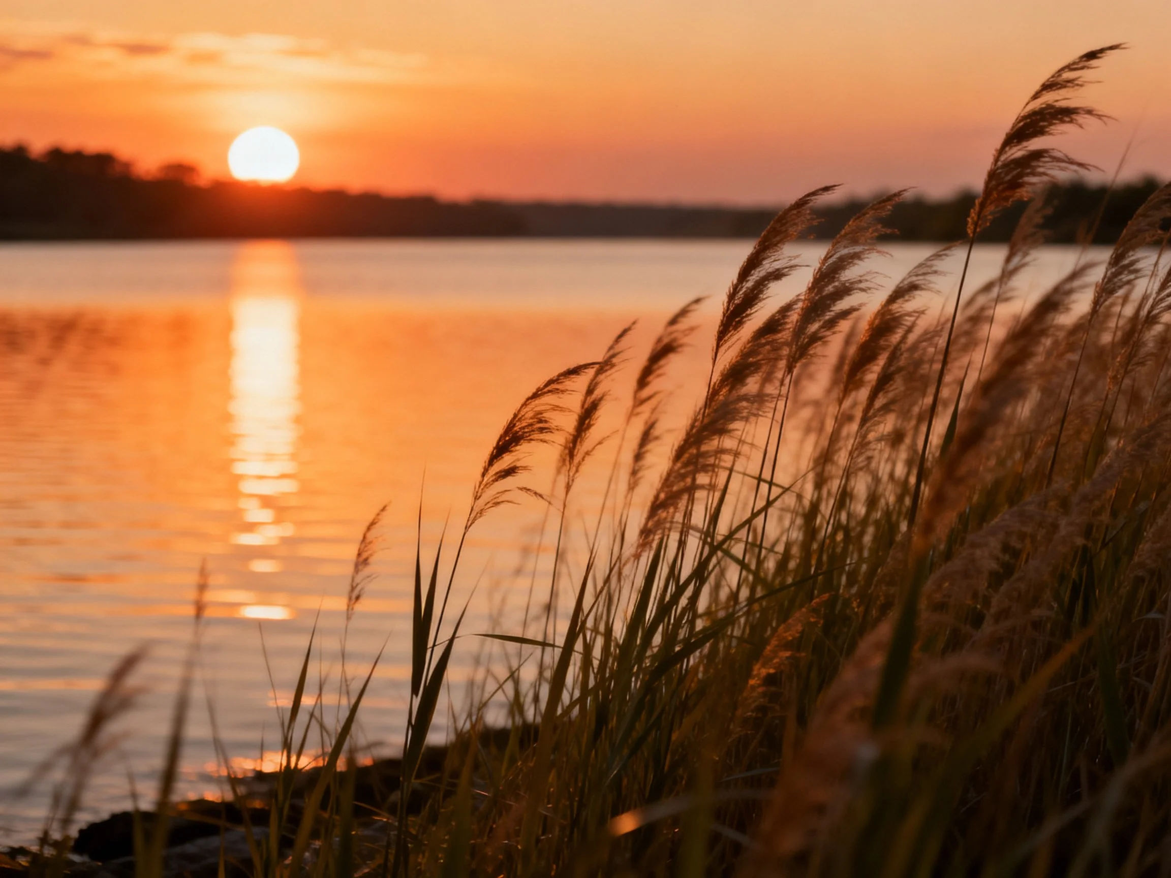Golden sunset over calm water with tall reeds silhouetted