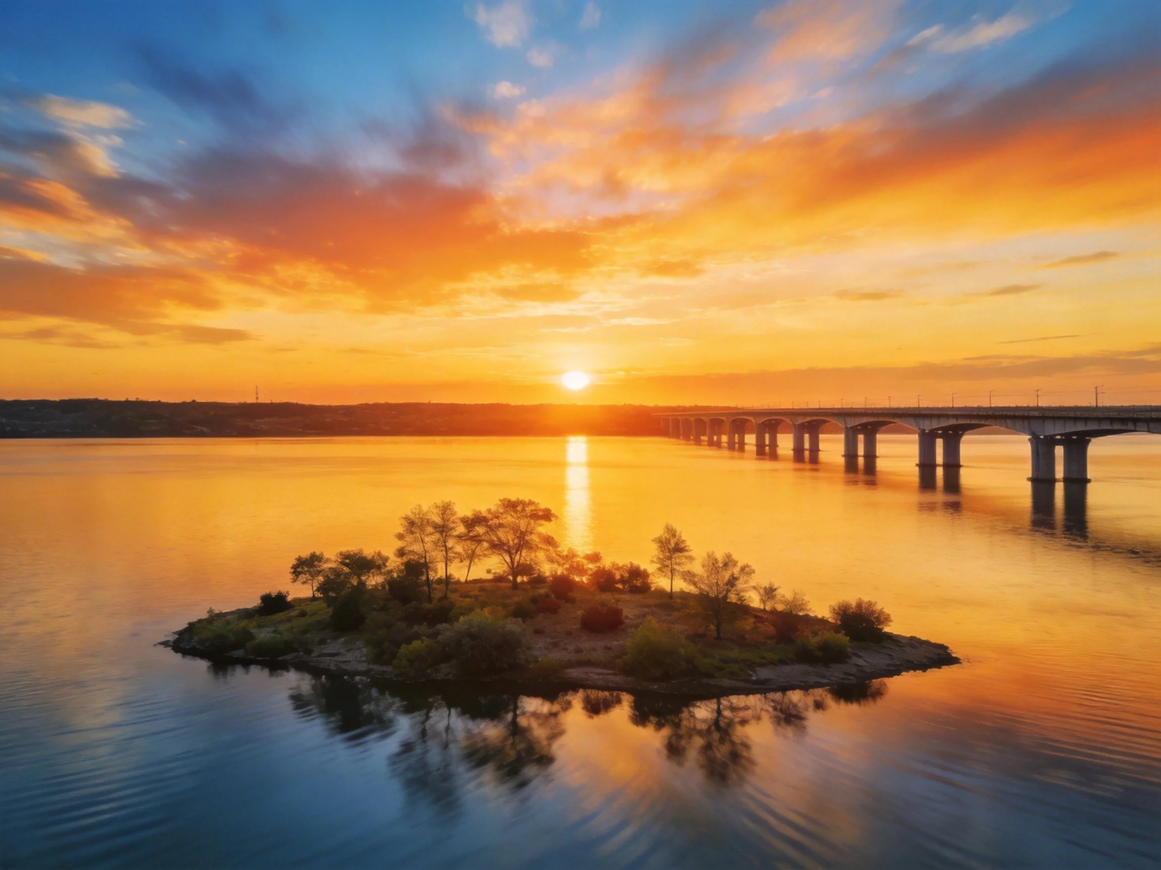Golden sunset over calm waters with a small island and bridge