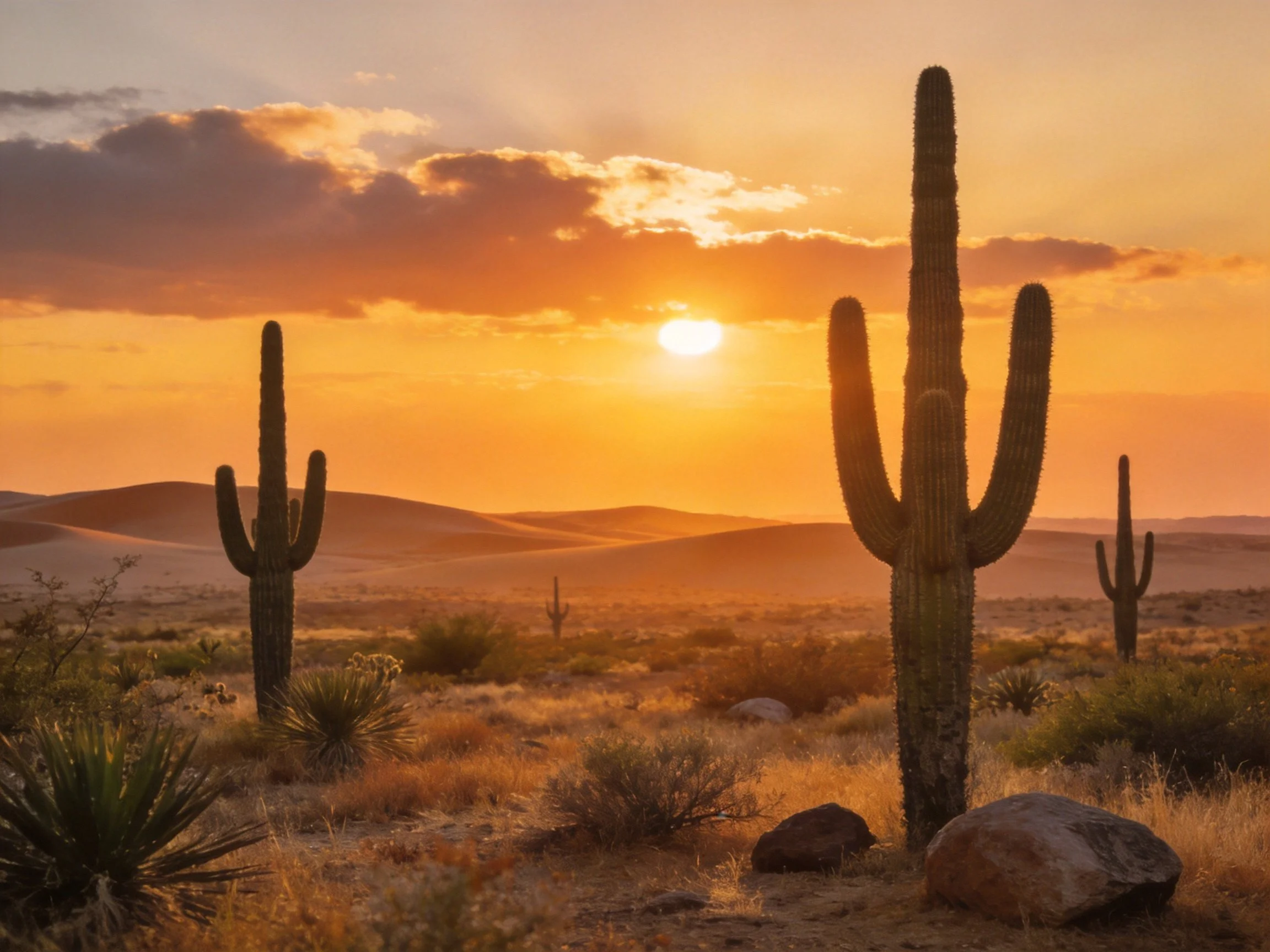 Golden sunset over desert landscape with tall saguaro cacti