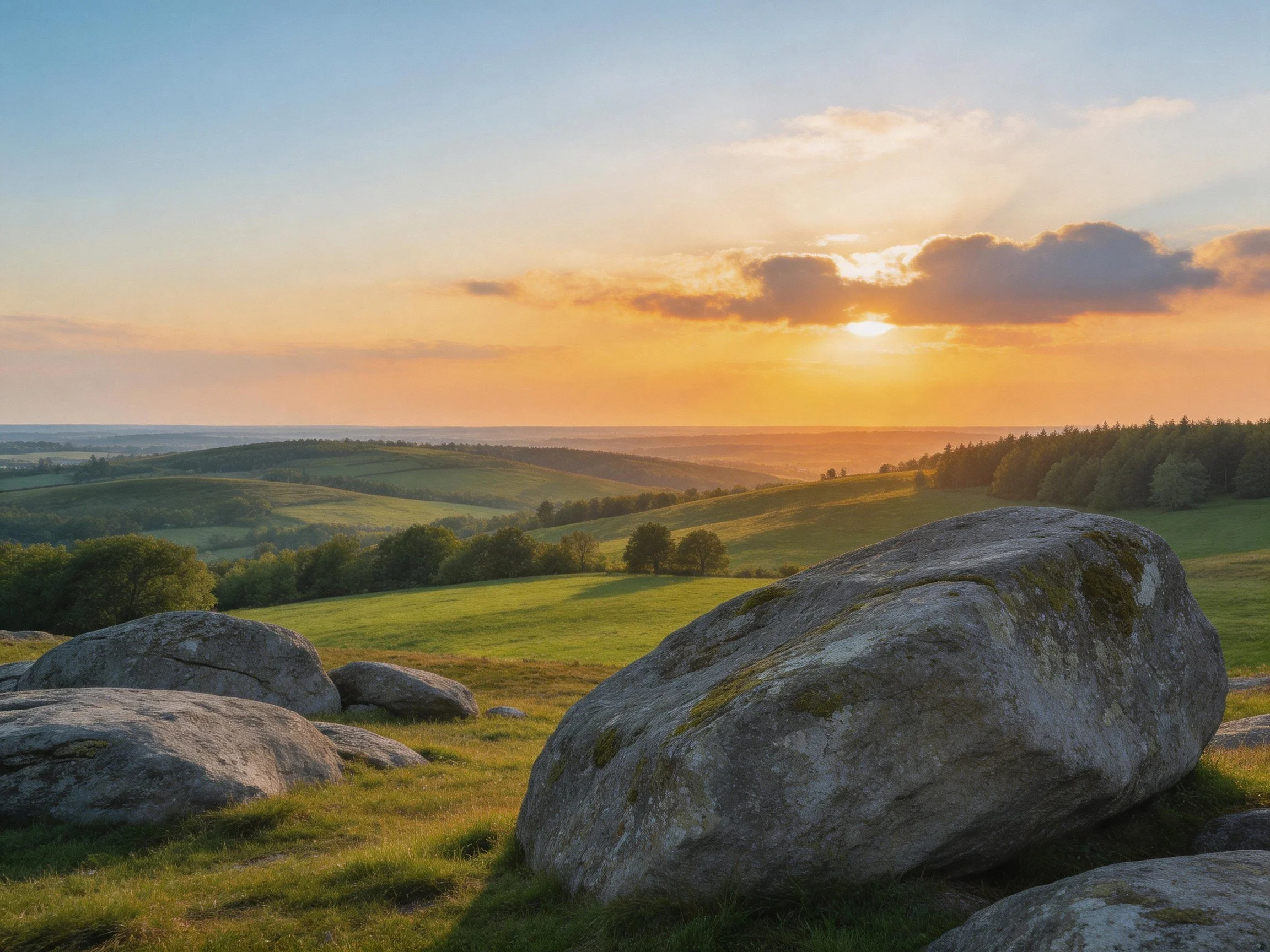 Golden sunset over lush green hills with massive mossy boulders
