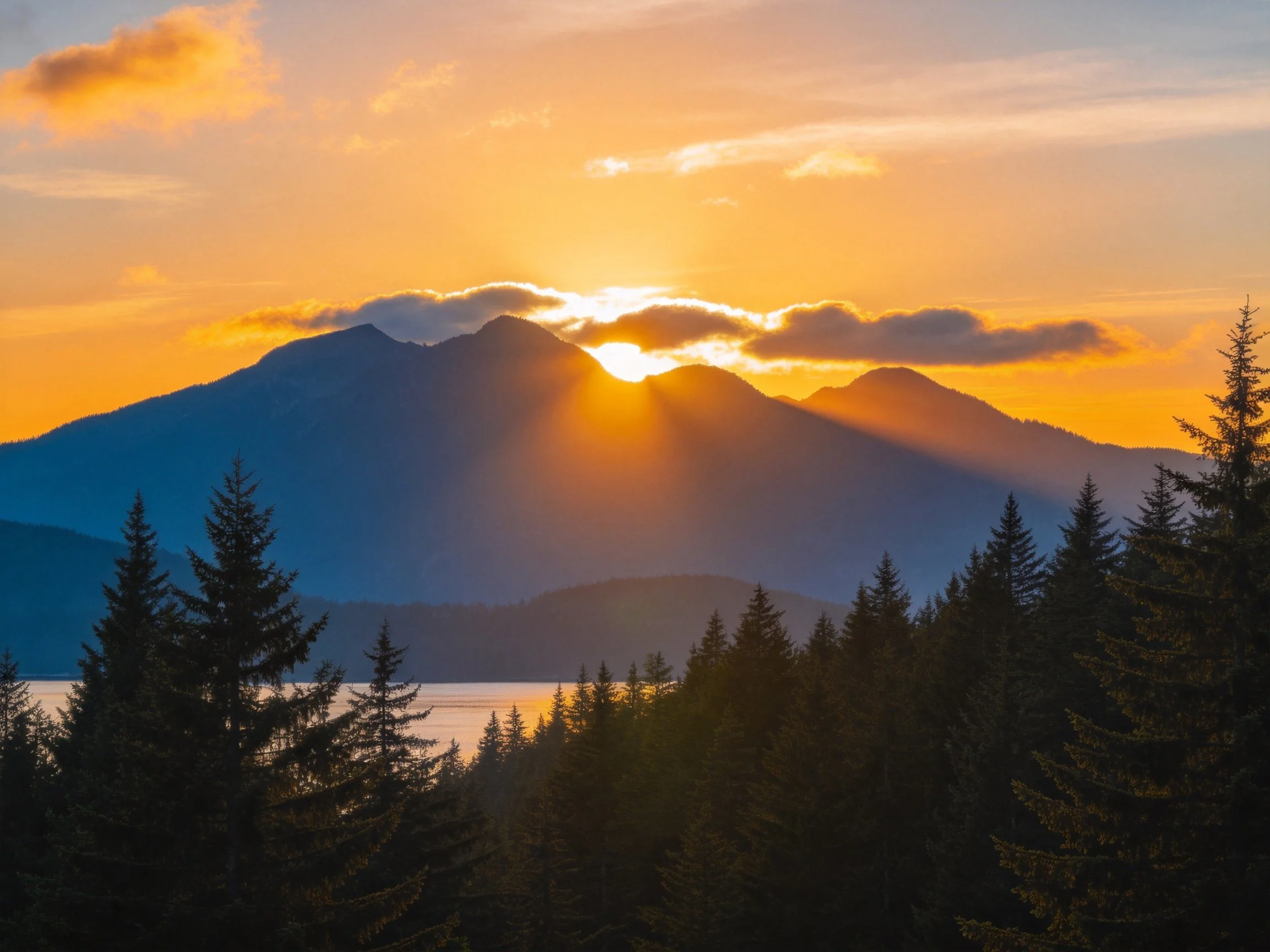 Golden sunset over mountain peaks with forest below