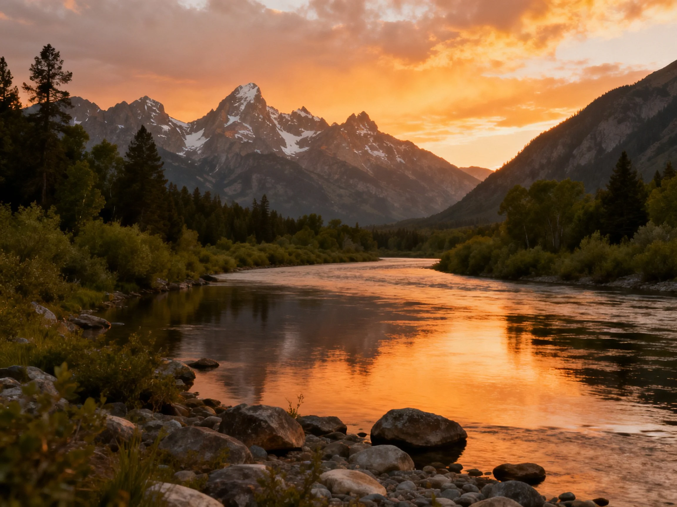 Golden sunset over mountain river with rocky shore