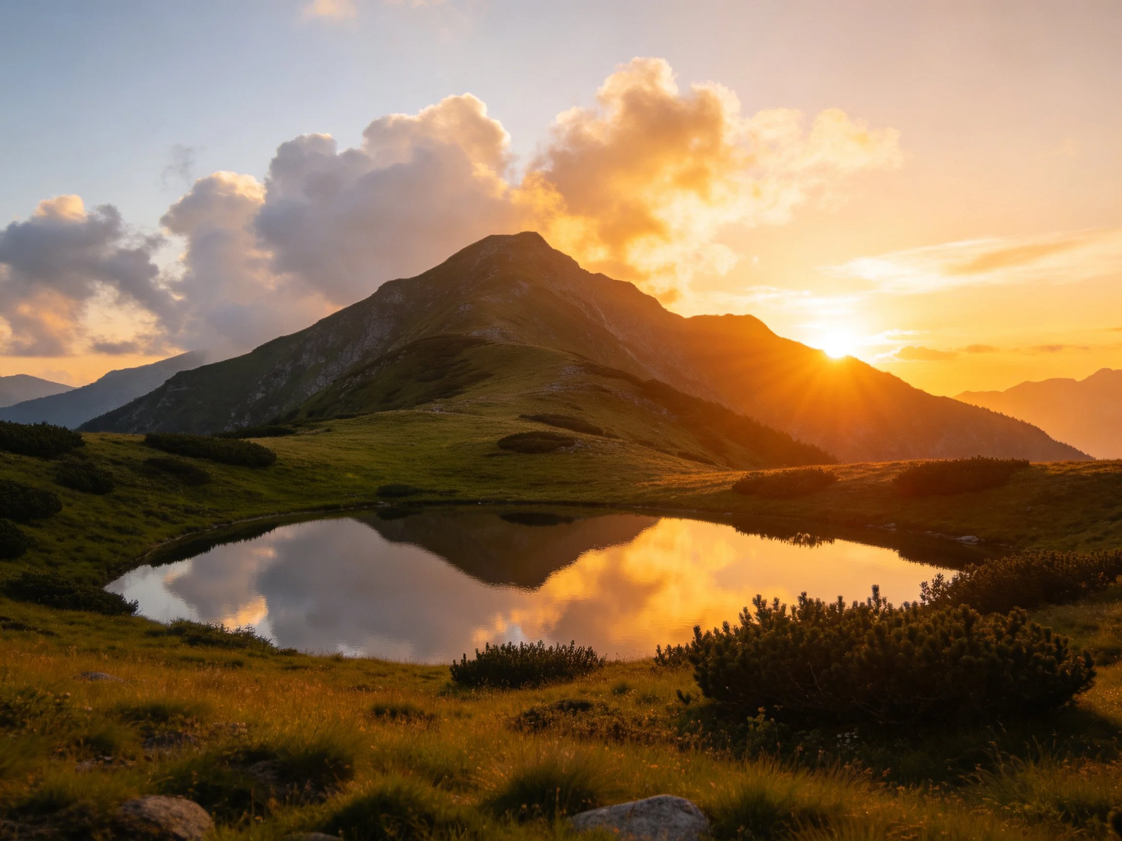Golden sunset over mountain with reflective lake and lush greenery