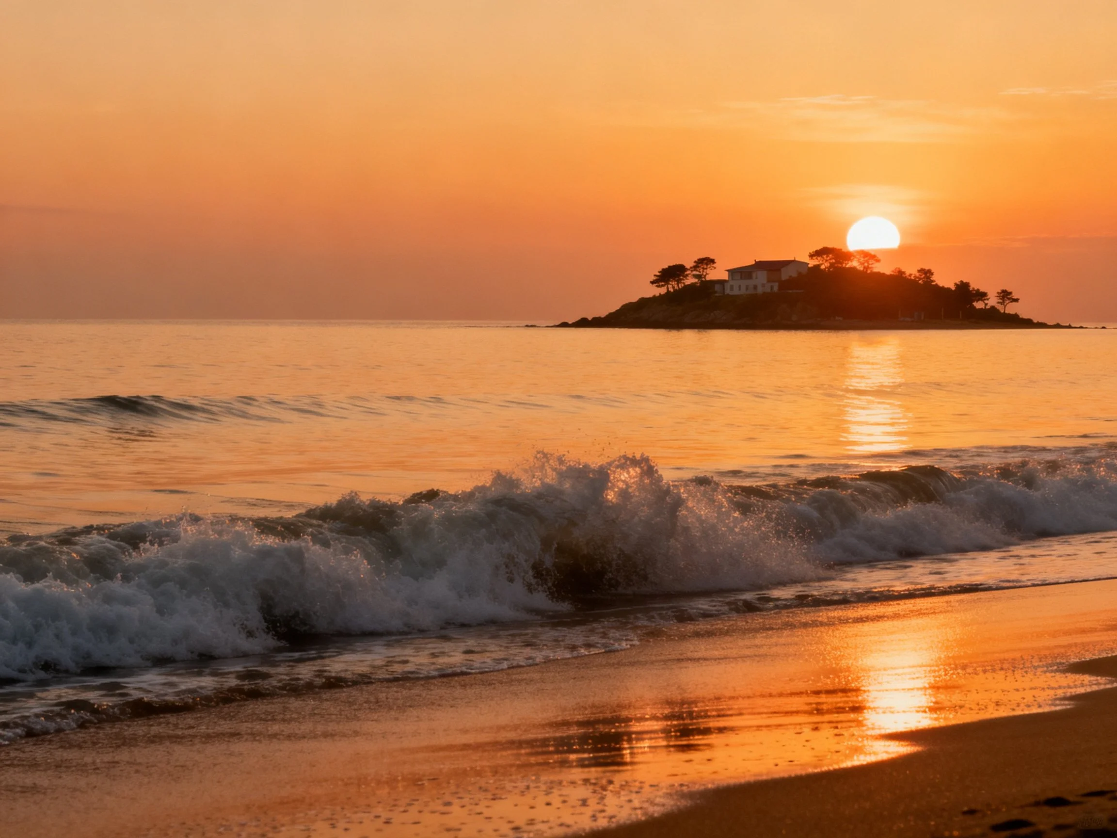 Golden sunset over ocean waves near a tree - covered island