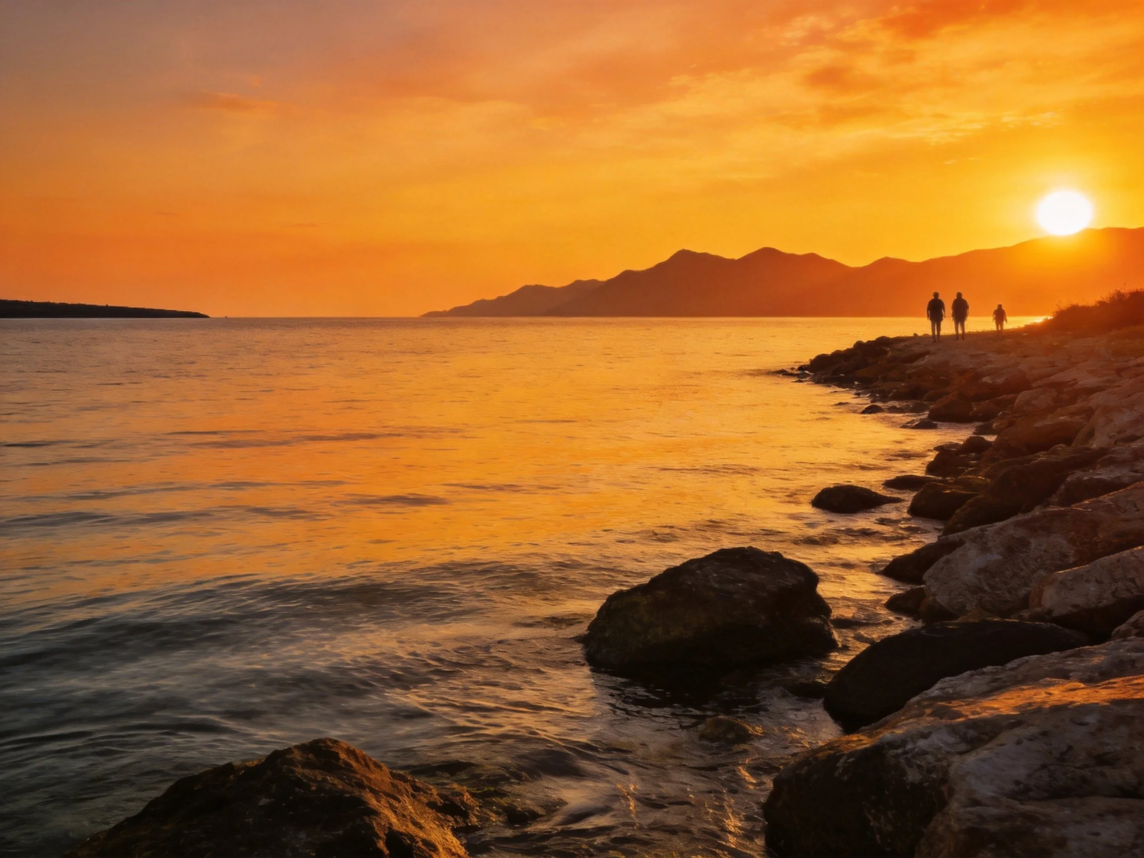 Golden sunset over rocky coast with silhouetted walkers and mountain backdrop