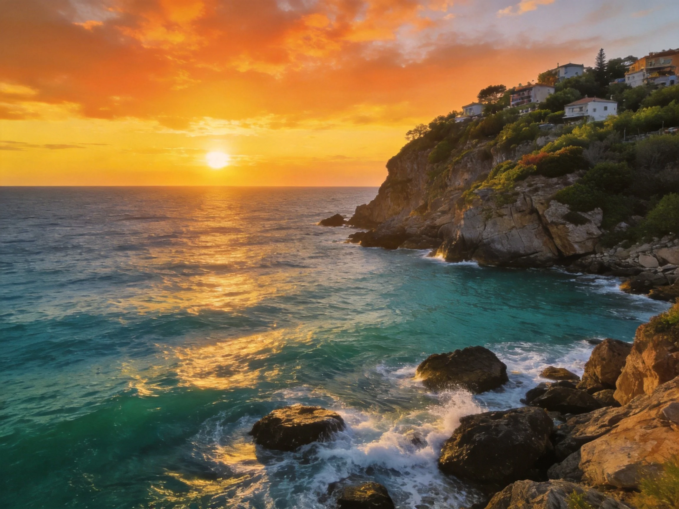 Golden sunset over rocky coast with turquoise seas and cliff-side homes