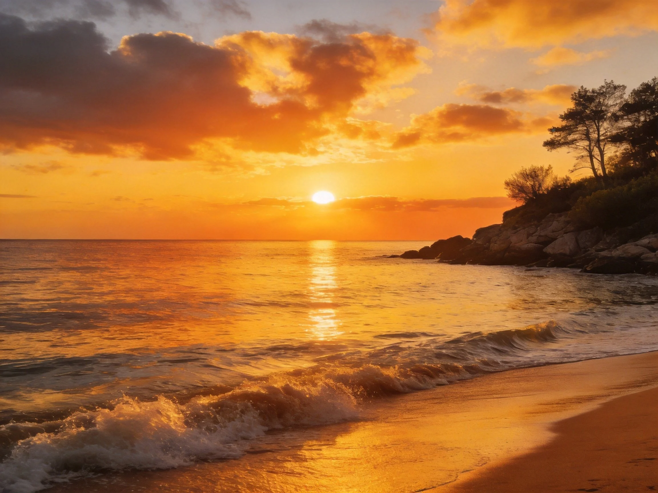 Golden sunset over rocky coastal shoreline