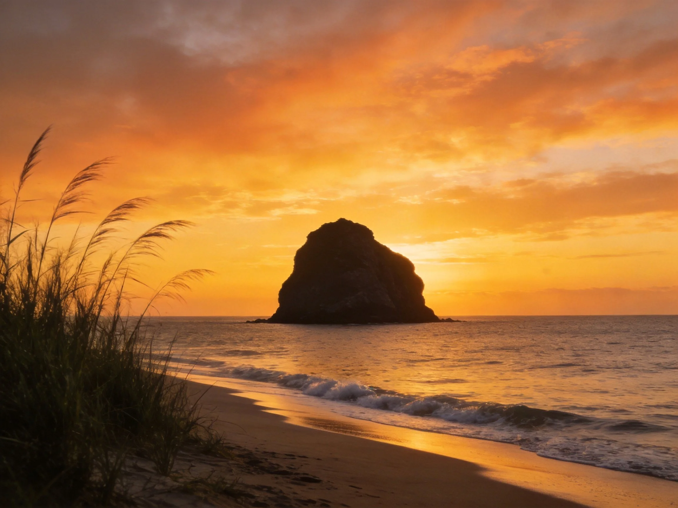 Golden sunset over rocky sea formation by sandy beach