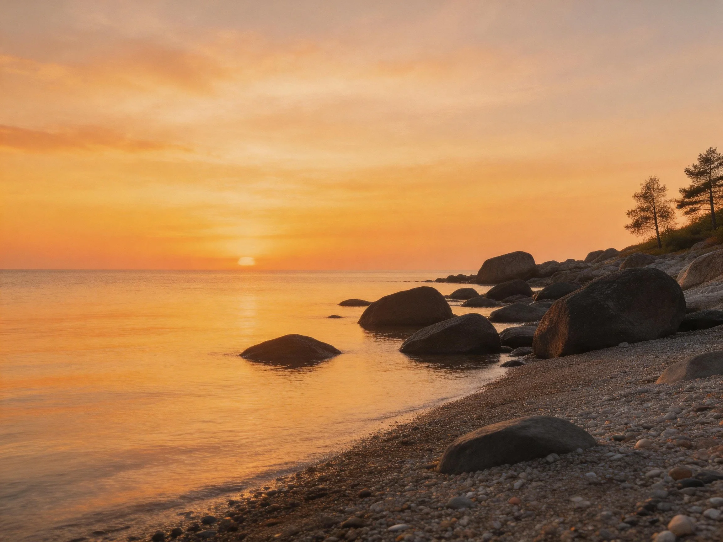 Golden sunset over rocky shoreline with large boulders and pebbly beach