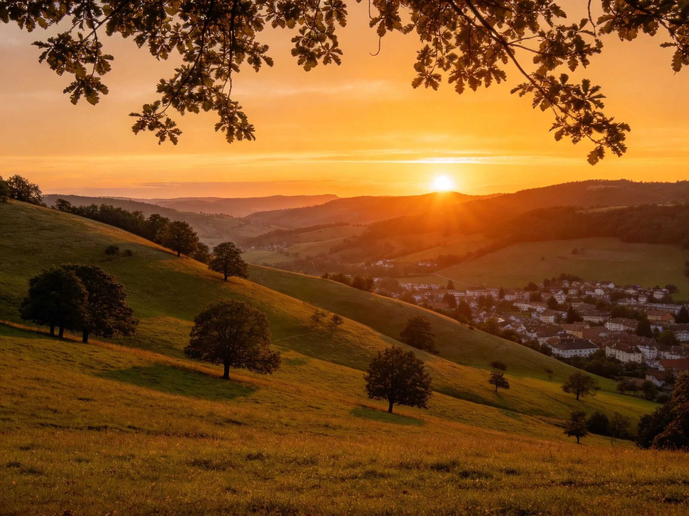 Golden sunset over rolling green hills with scattered trees and a distant village