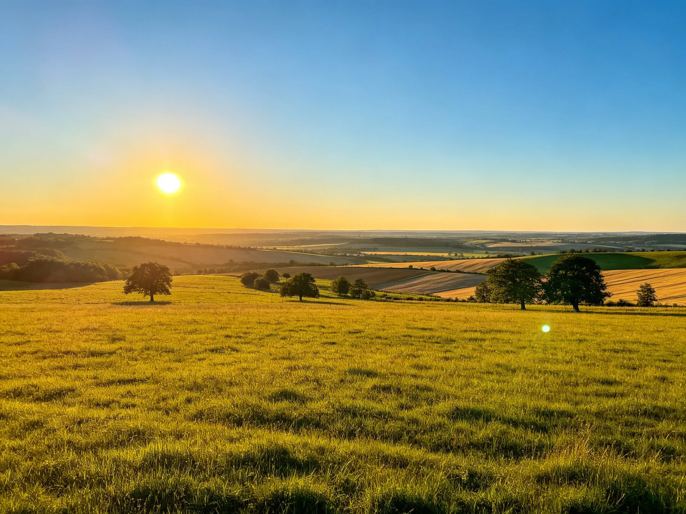 Golden sunset over rolling green meadows with scattered trees