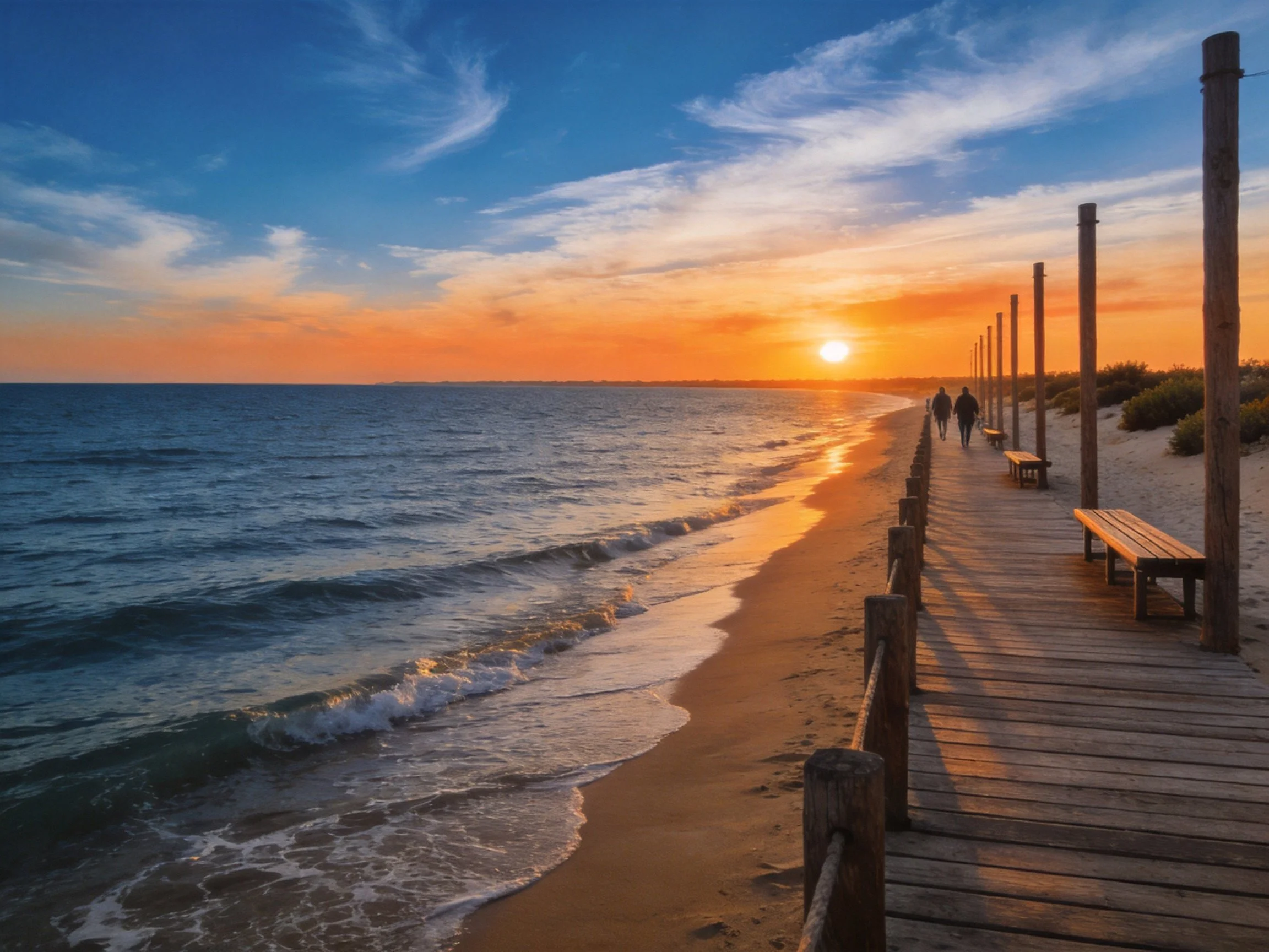 Golden sunset over sandy beach with wooden boardwalk