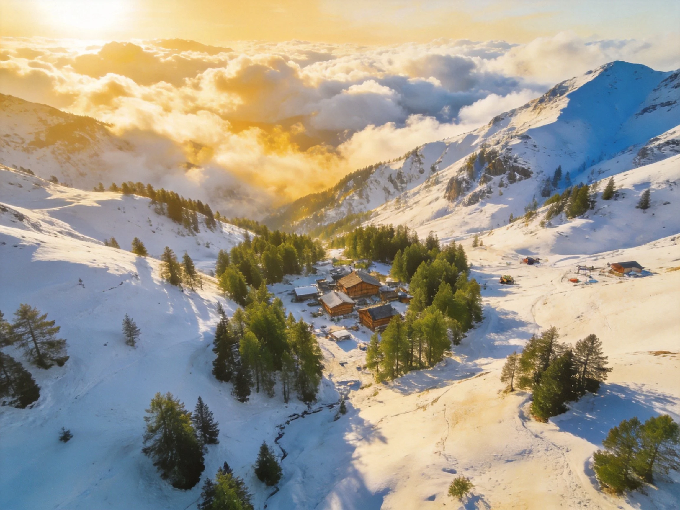 Golden sunset over snow-capped mountains with wooden cabins and evergreen forests
