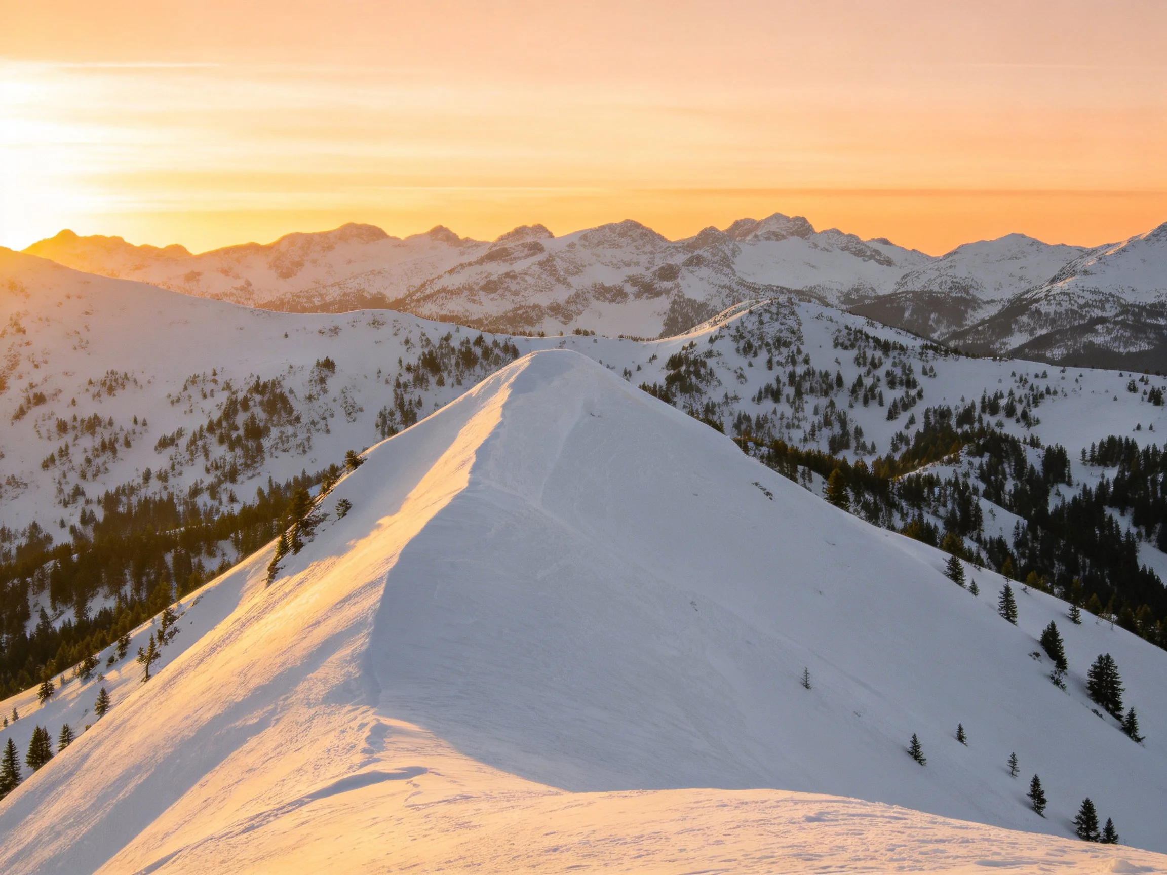 Golden sunset over snow-covered mountain ridges with scattered evergreens
