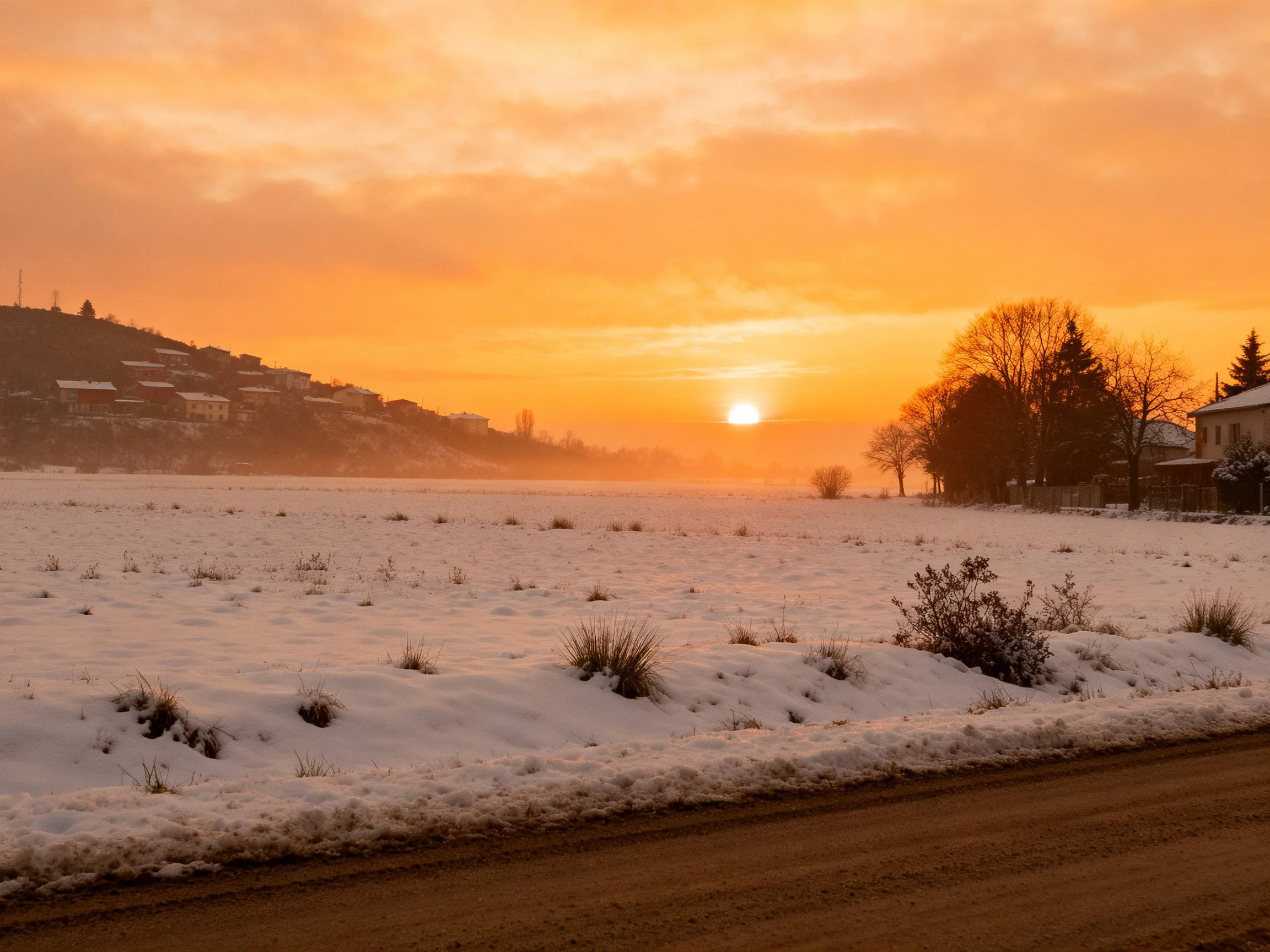 Golden sunset over snow-dusted field with residential backdrop