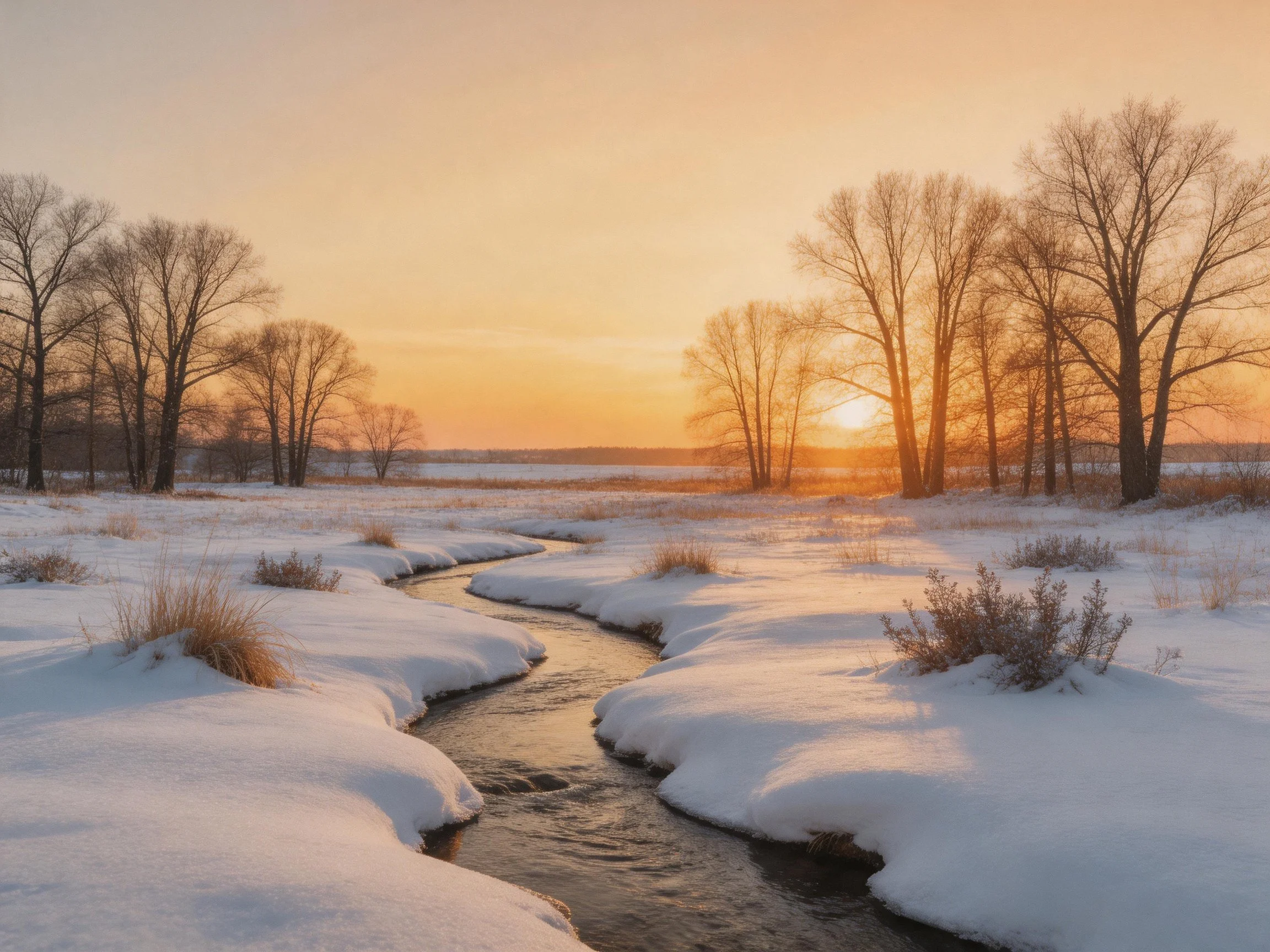 Golden sunset over snowy field with winding stream and bare trees