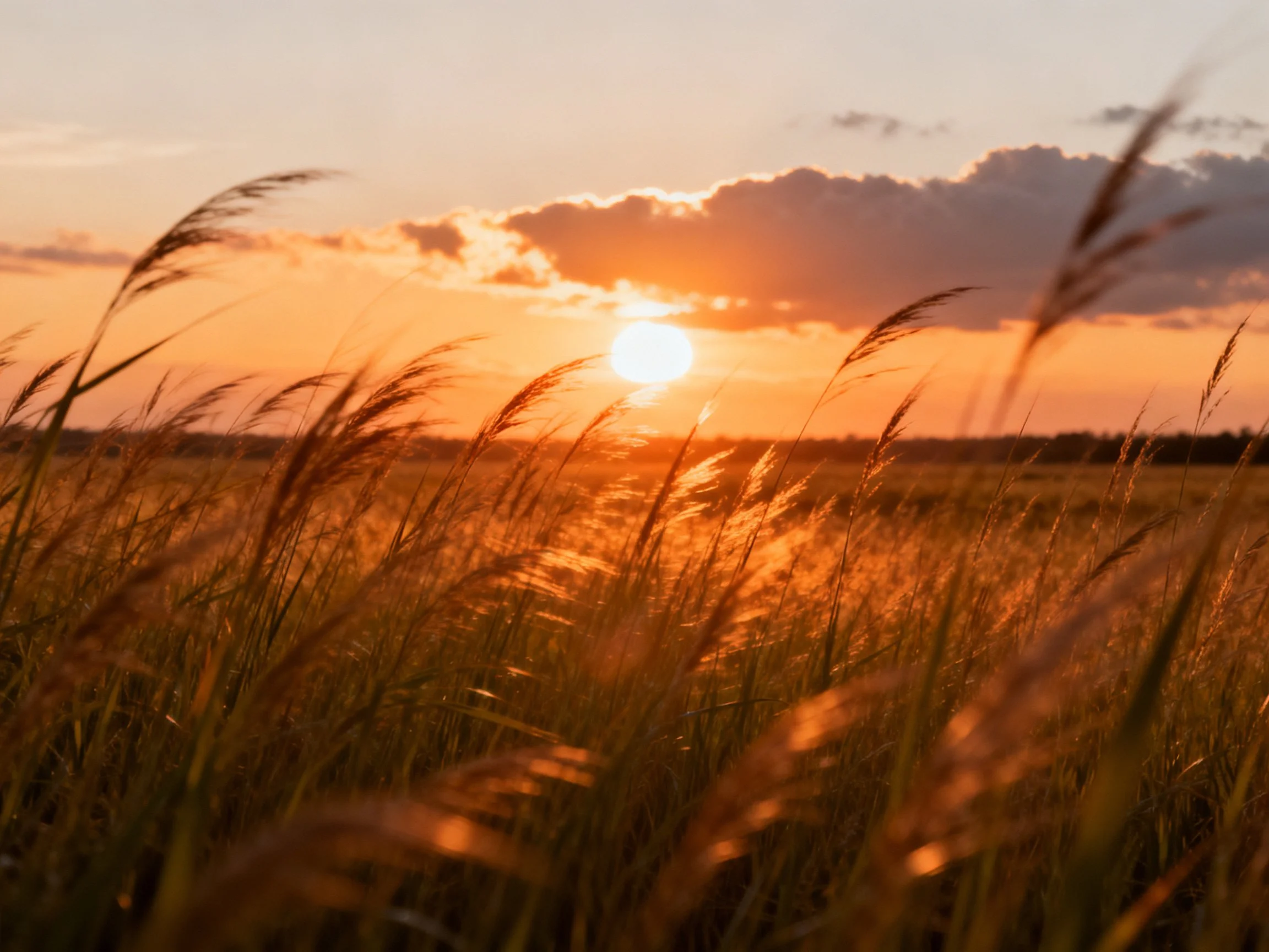 Golden sunset over tall grassy meadow with scattered clouds