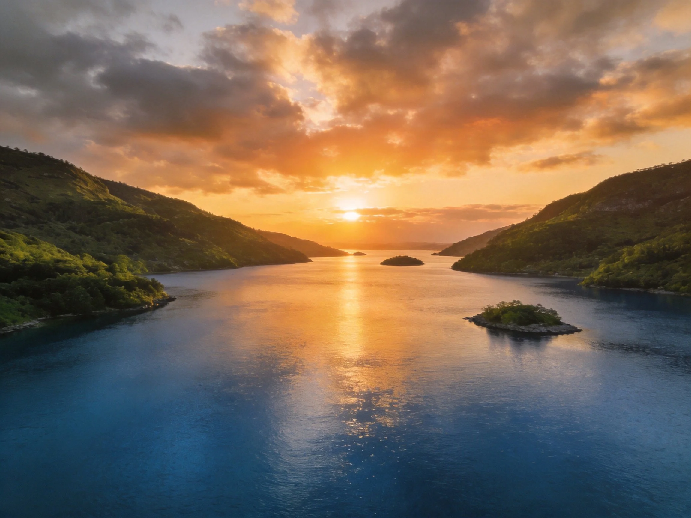 Golden sunset over tranquil blue waters between green hills