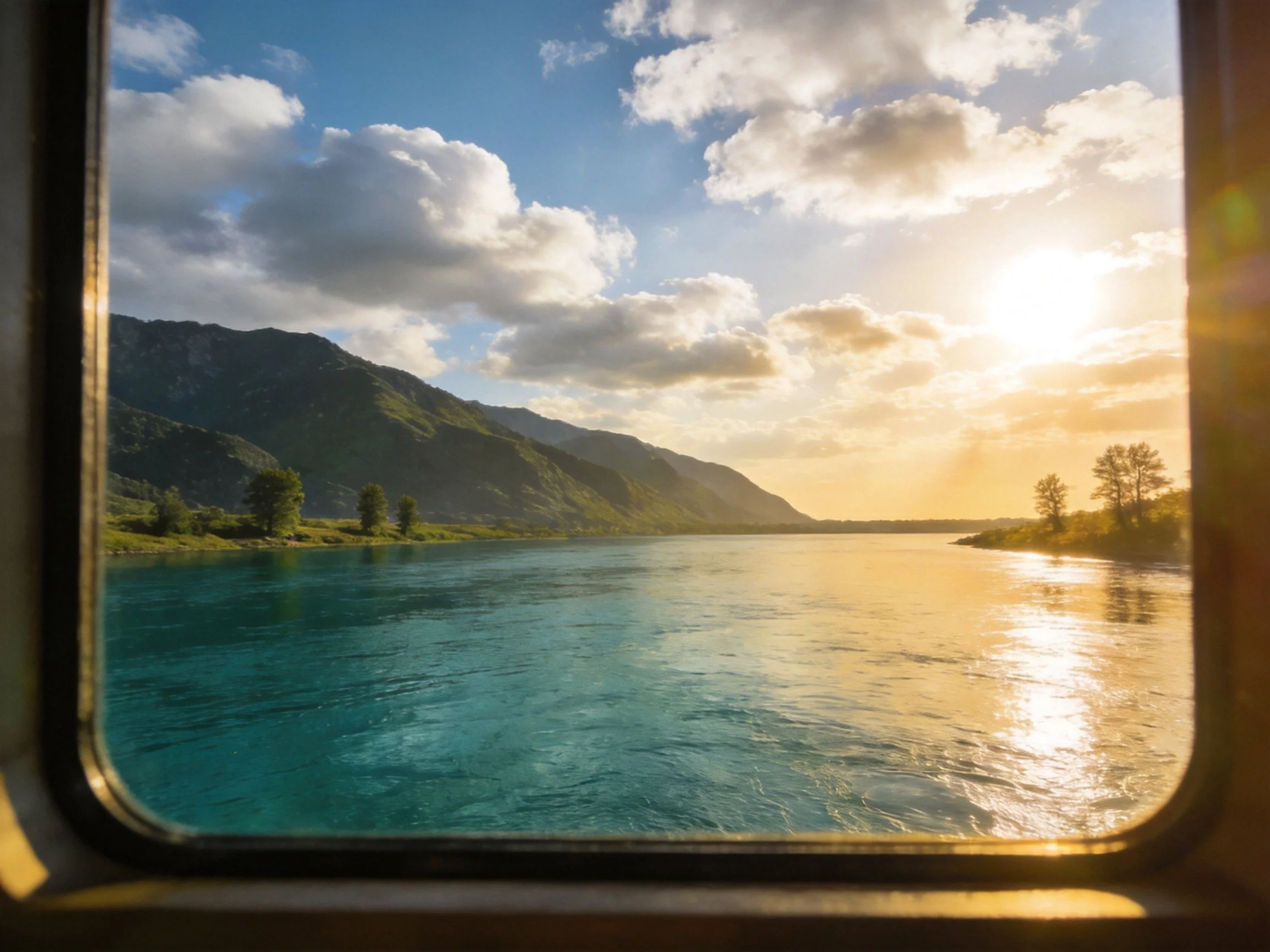 Golden sunset over turquoise river viewed through a window with mountains