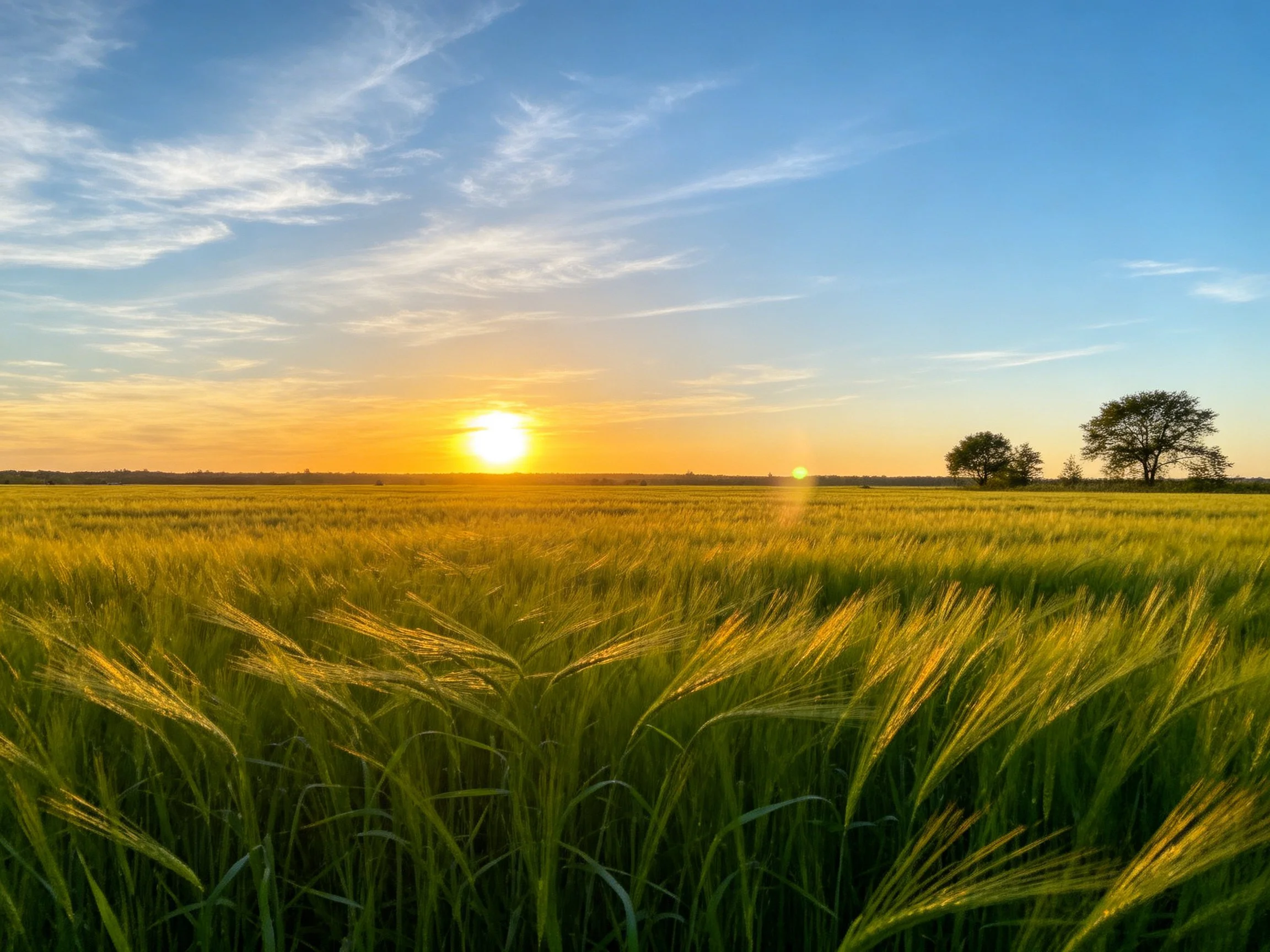 Golden sunset over vast green wheat field with distant trees