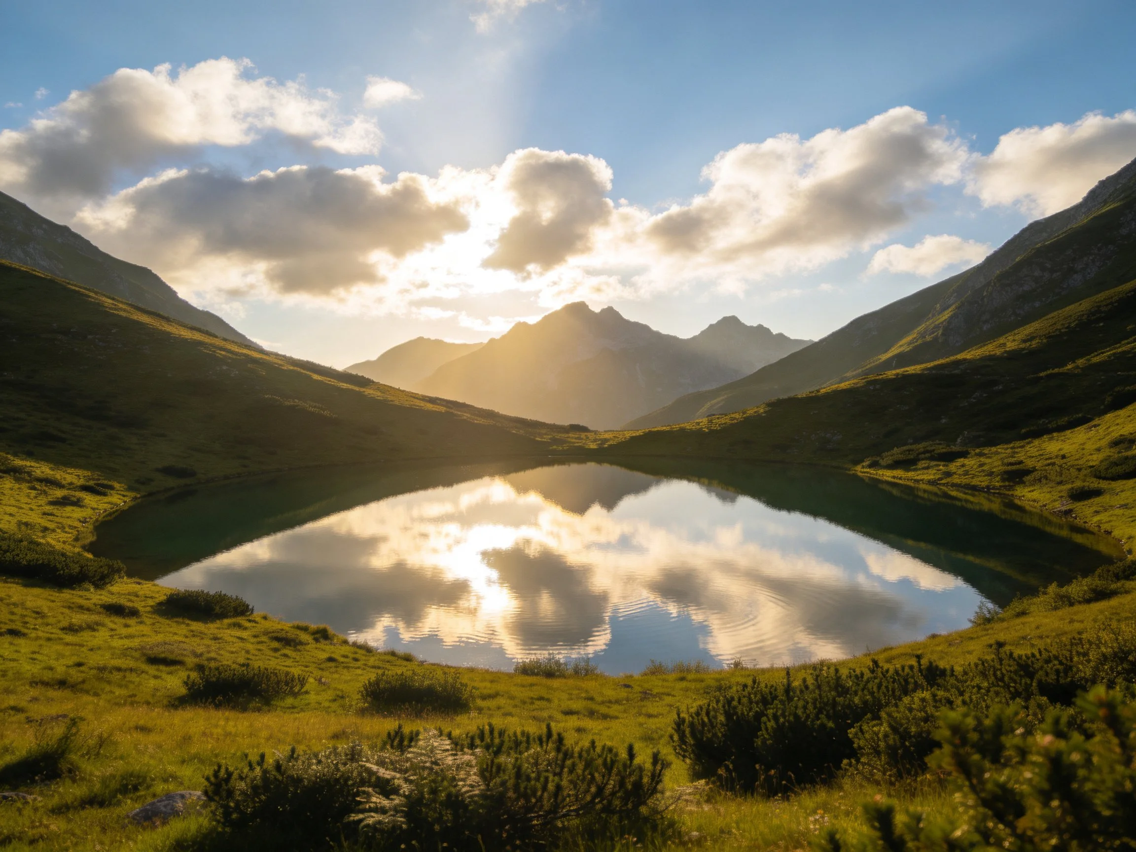 Golden sunset reflected in serene alpine lake