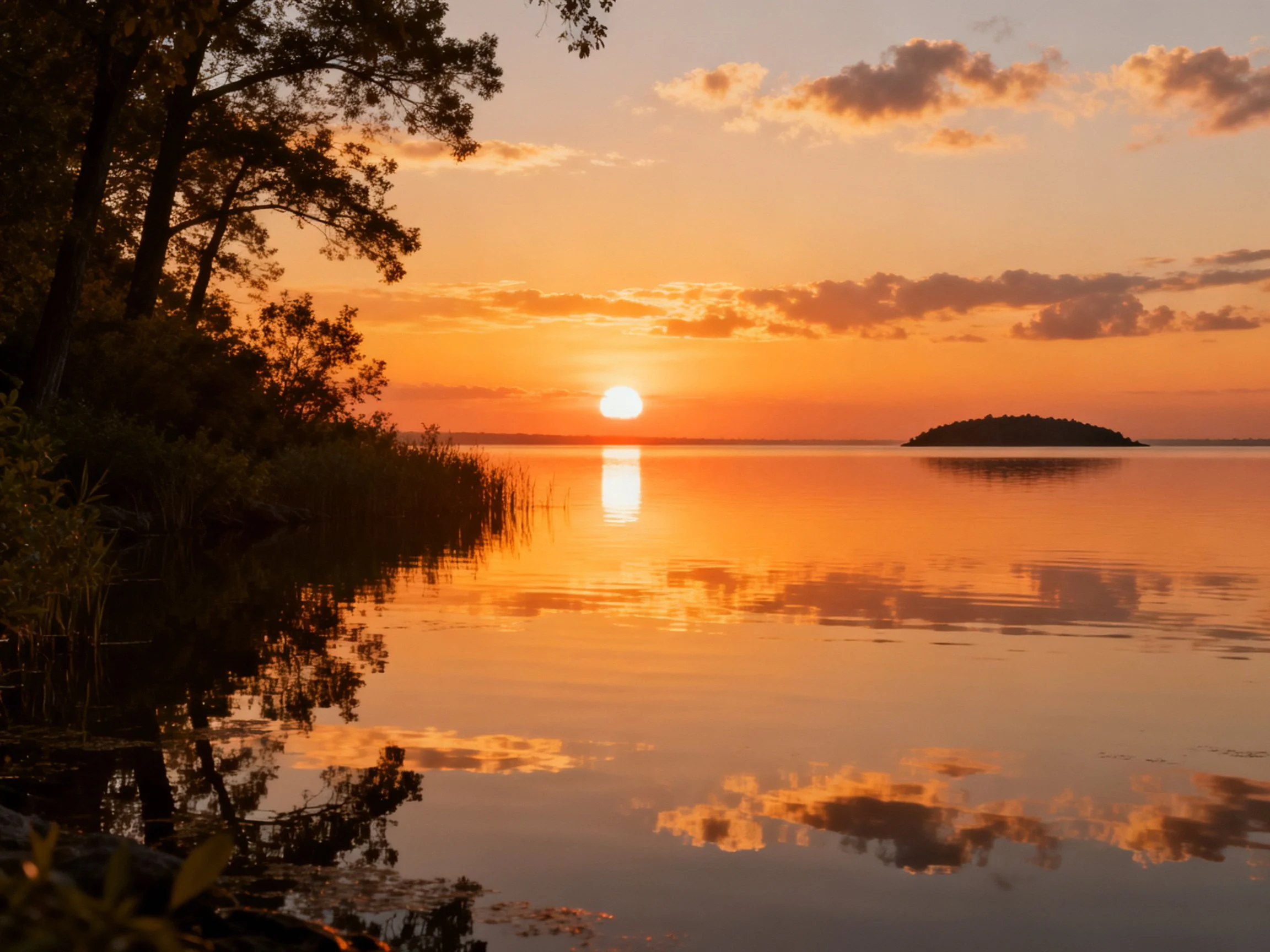 Golden sunset reflecting on tranquil lake with forest edge