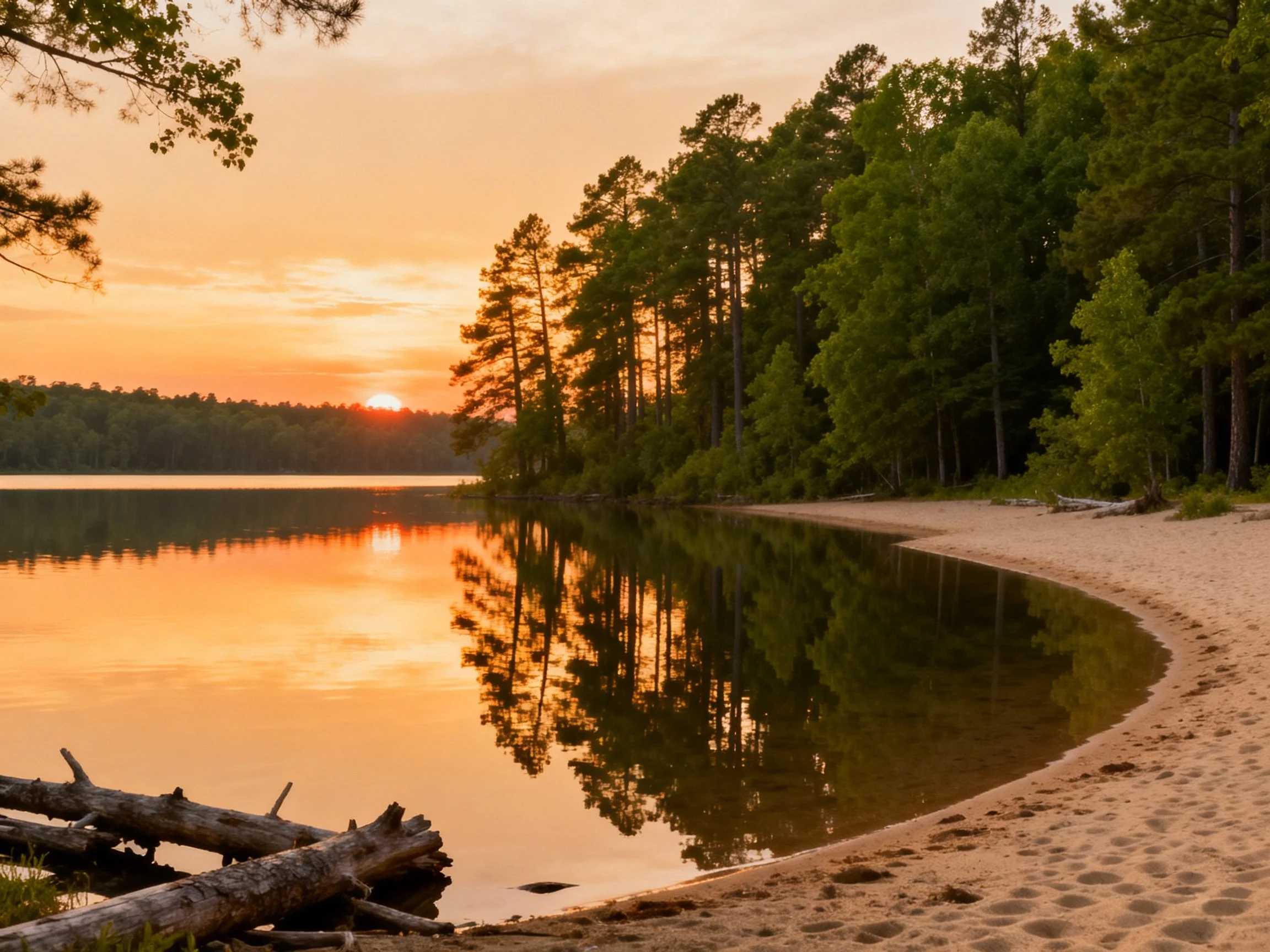 Golden sunset reflects on calm lake near sandy shore and tall trees