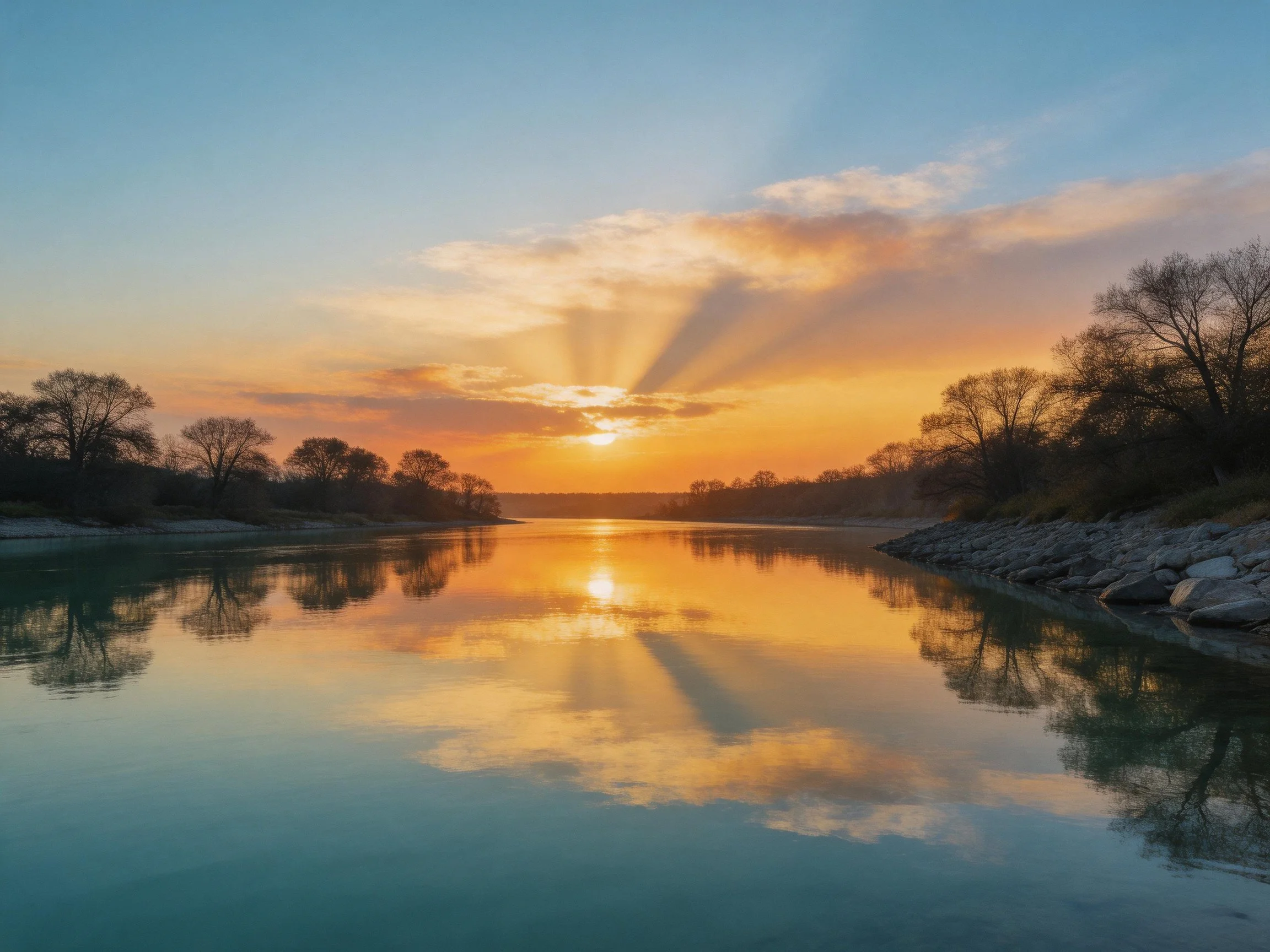 Golden sunset reflects on calm river with tree-lined banks