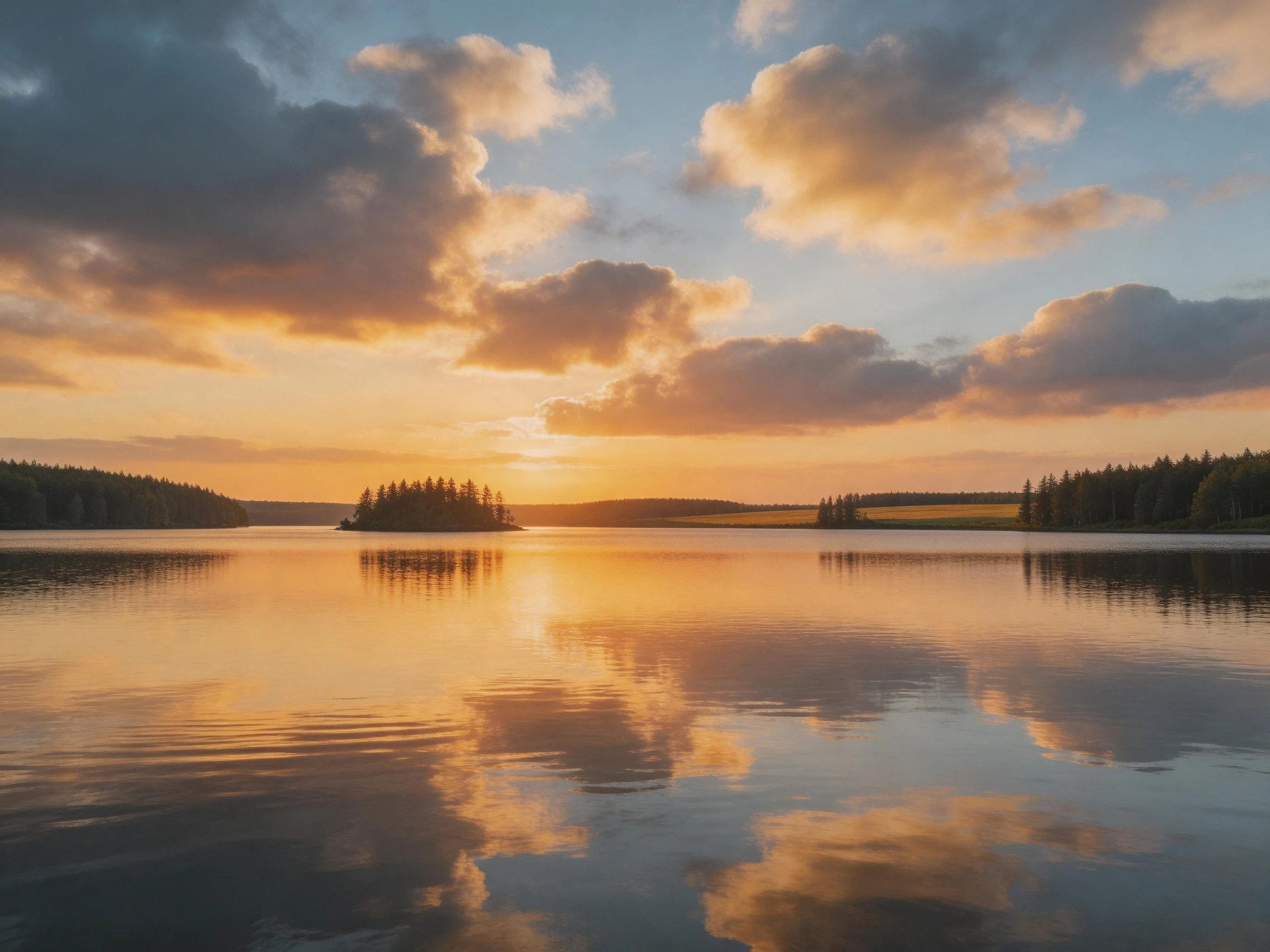 Golden sunset reflects on tranquil lake waters with forested islands