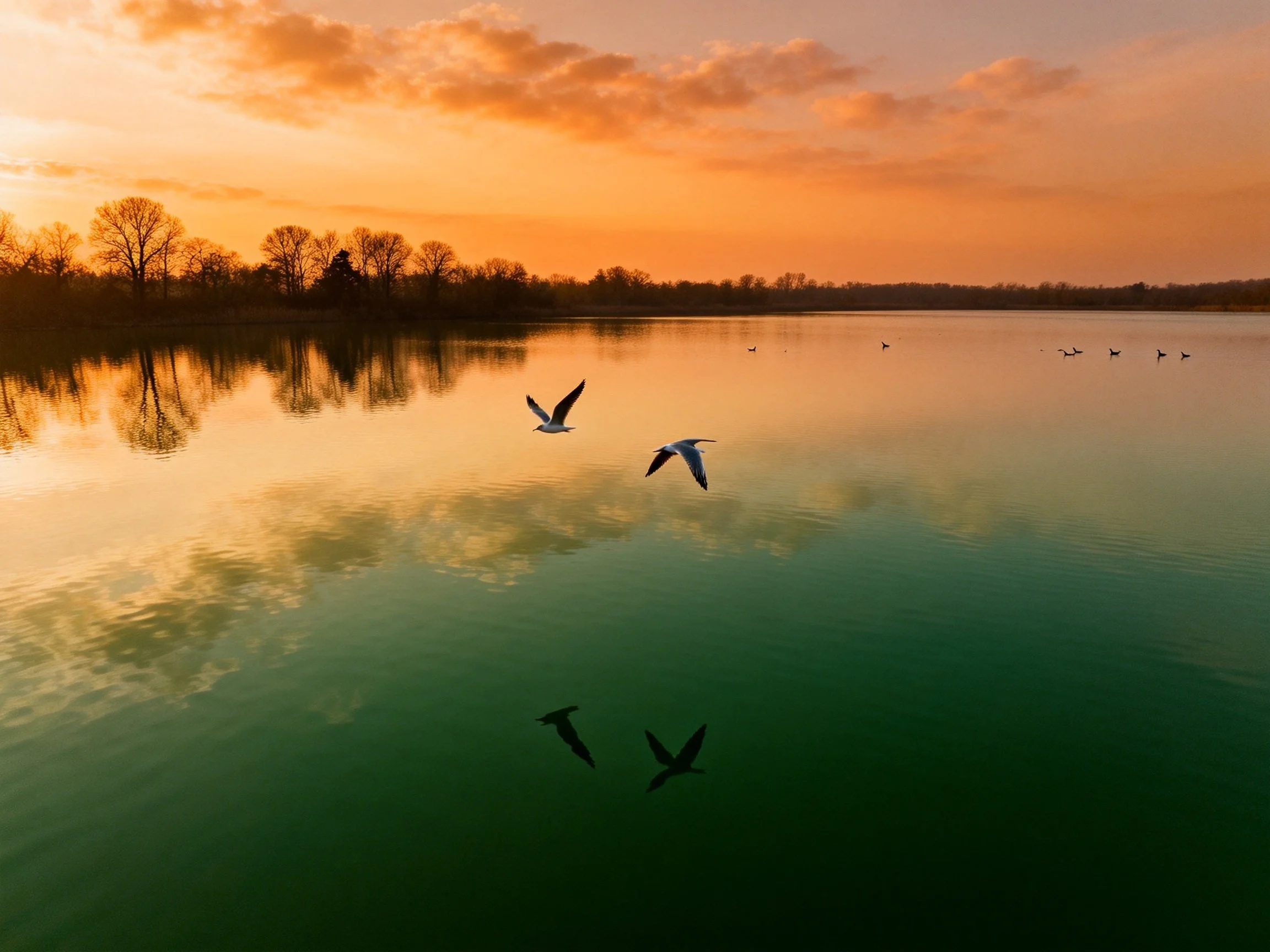 Golden sunset reflects on tranquil lake with flying birds