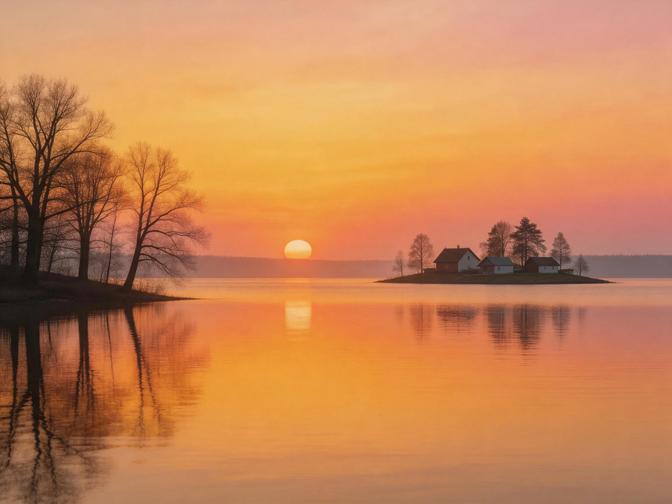 Golden sunset reflects over calm lake with island homes
