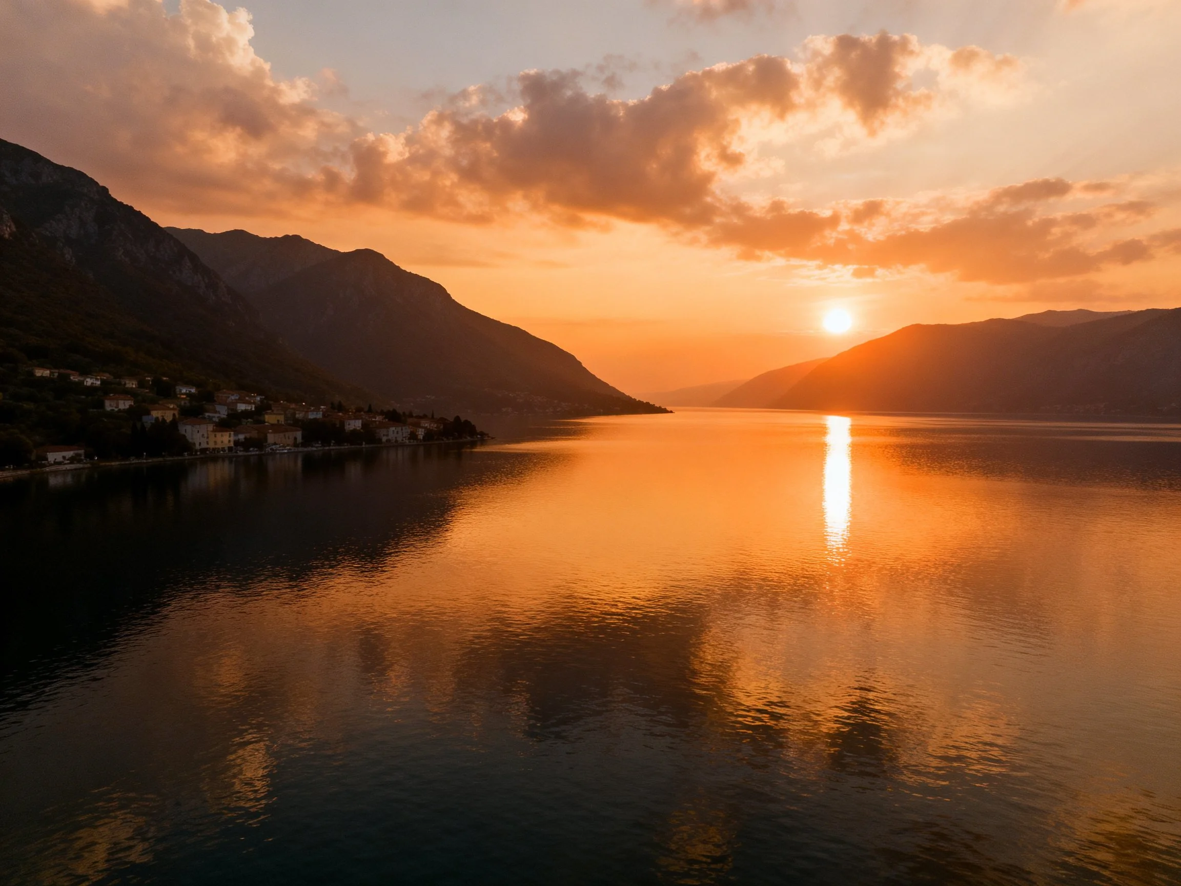Golden sunset reflects over mountainous lake shoreline