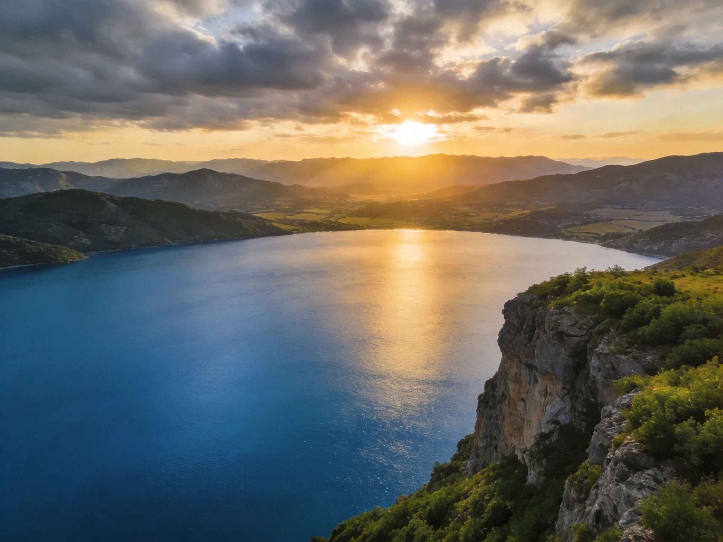 Golden sunset reflects over tranquil blue lake between rocky cliffs