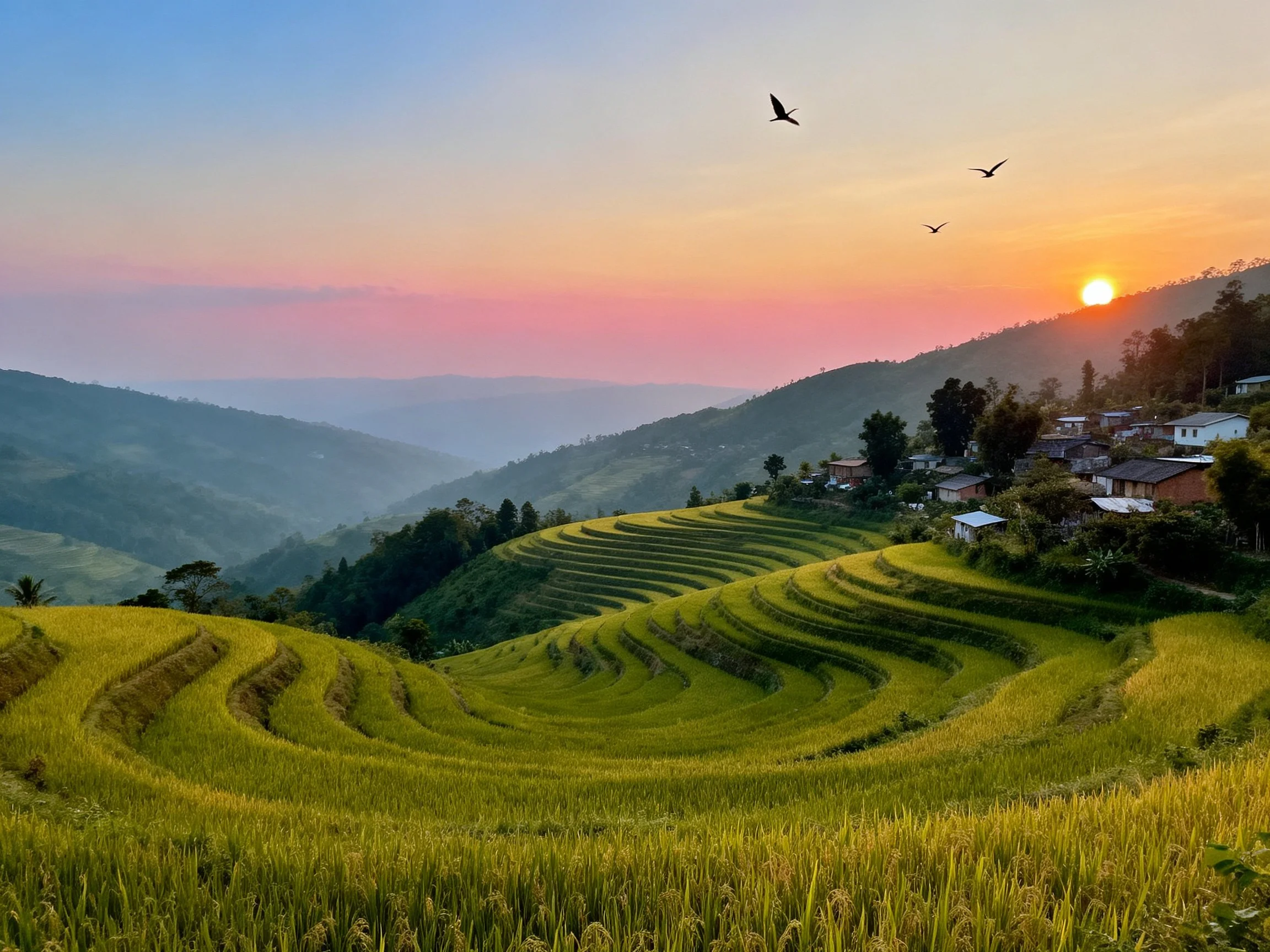 Golden terraced fields with village under vibrant sunset sky
