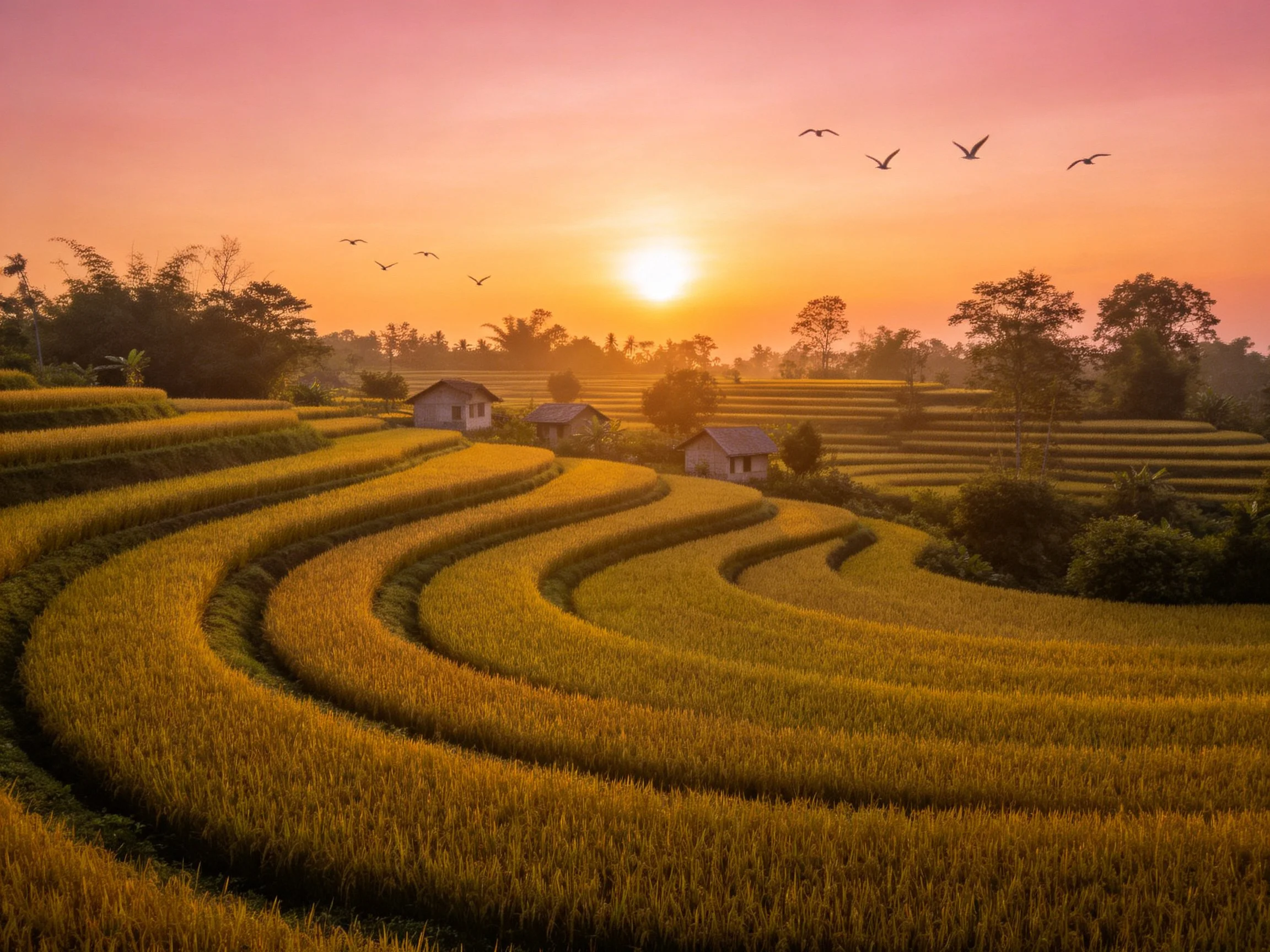 Golden terraced rice fields bathed in pink-orange sunset glow with scattered homes