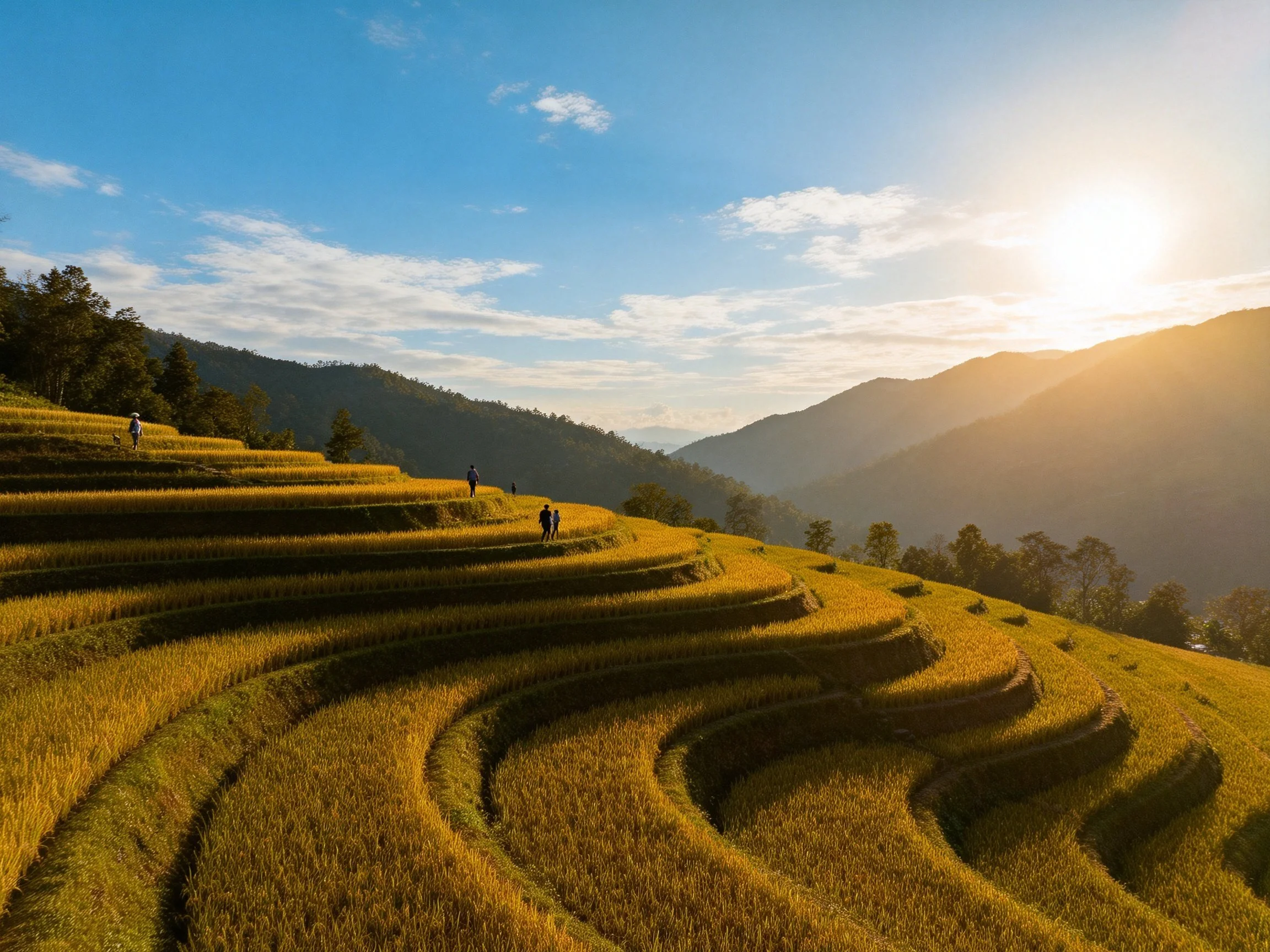 Golden terraced rice fields with mountainous backdrop