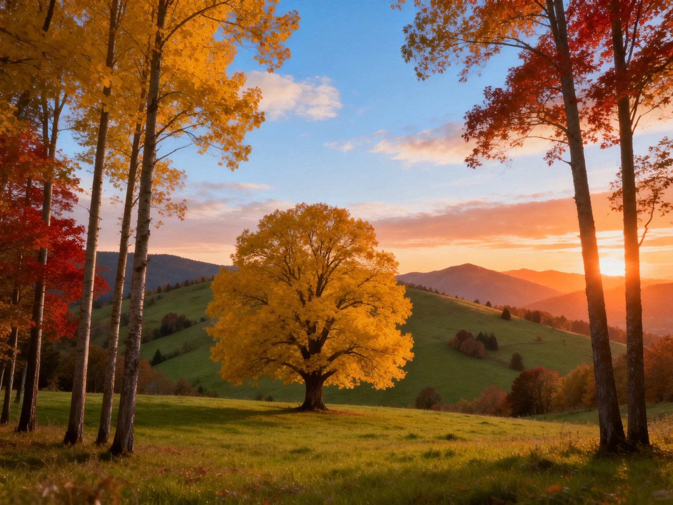 Golden tree amidst autumn forest at sunset