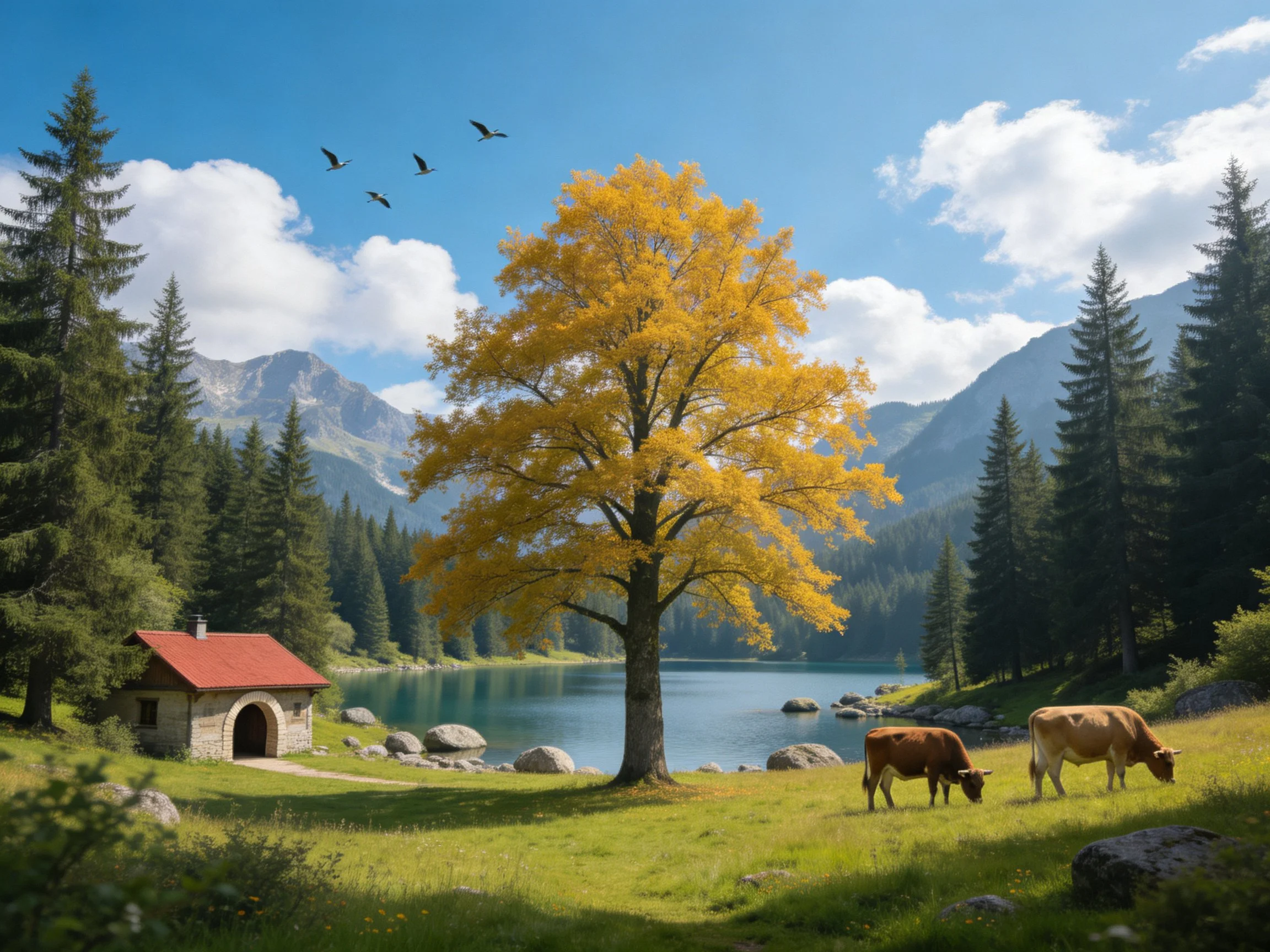 Golden tree near a tranquil lake with grazing cows and a stone cabin
