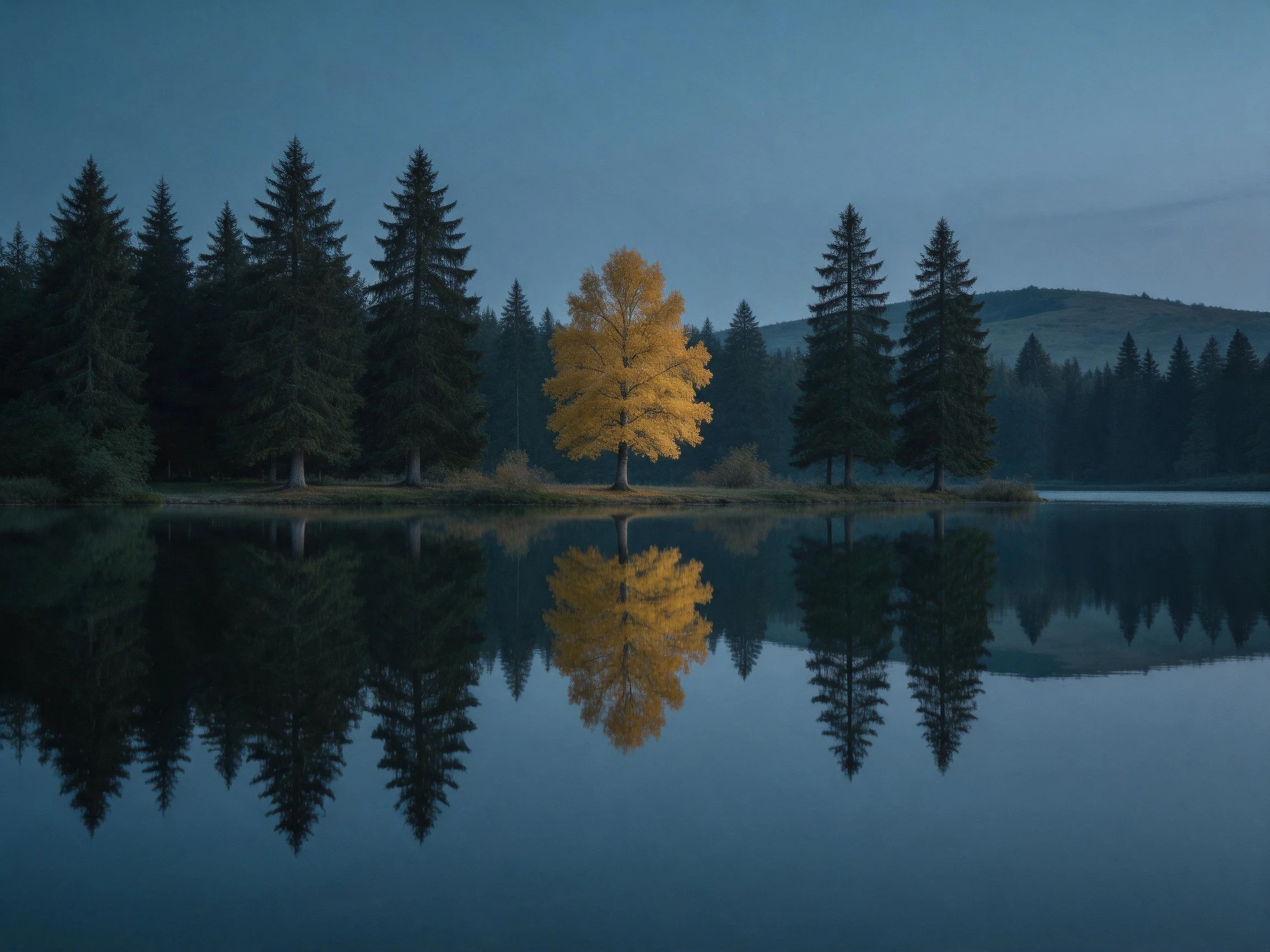 Golden tree reflected in calm lake with pine forest surroundings