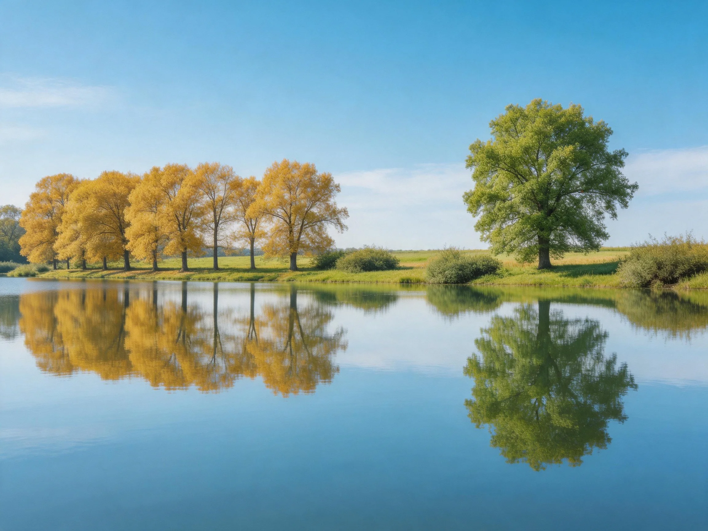 Golden trees and a green tree reflected in calm blue water