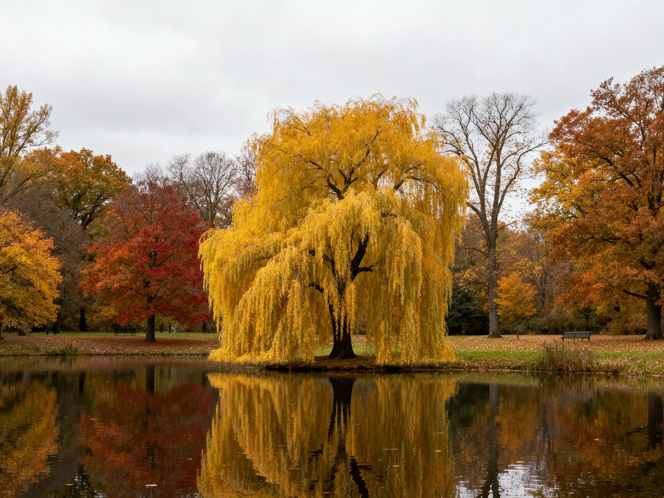 Golden weeping tree reflected in autumnal pond with colorful foliage