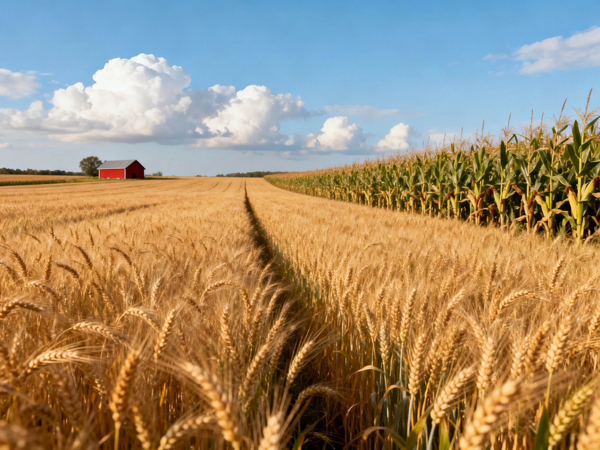Golden wheat field adjacent to cornfield with red barn under blue sky