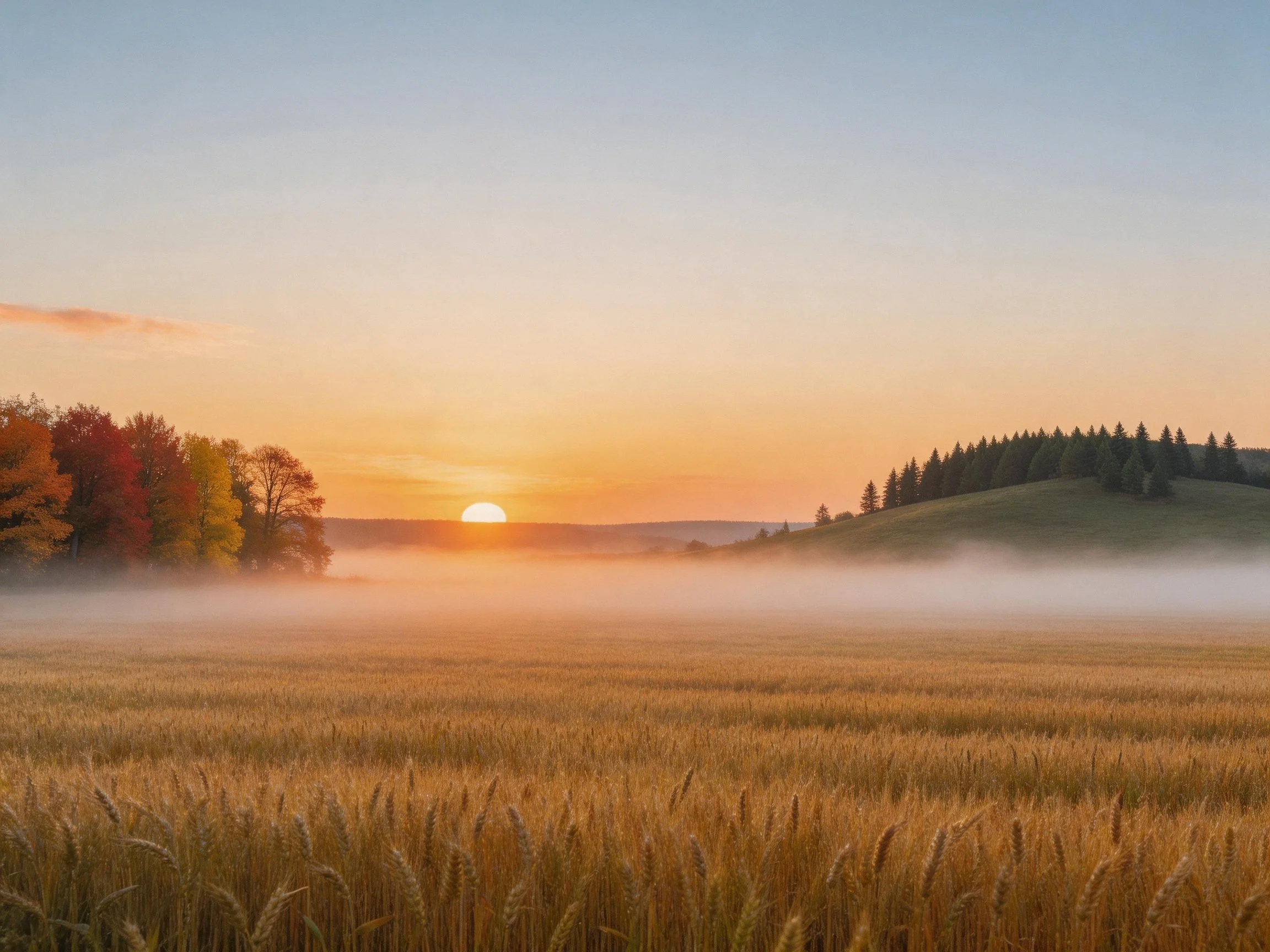Golden wheat field at sunrise with autumn trees and misty hills