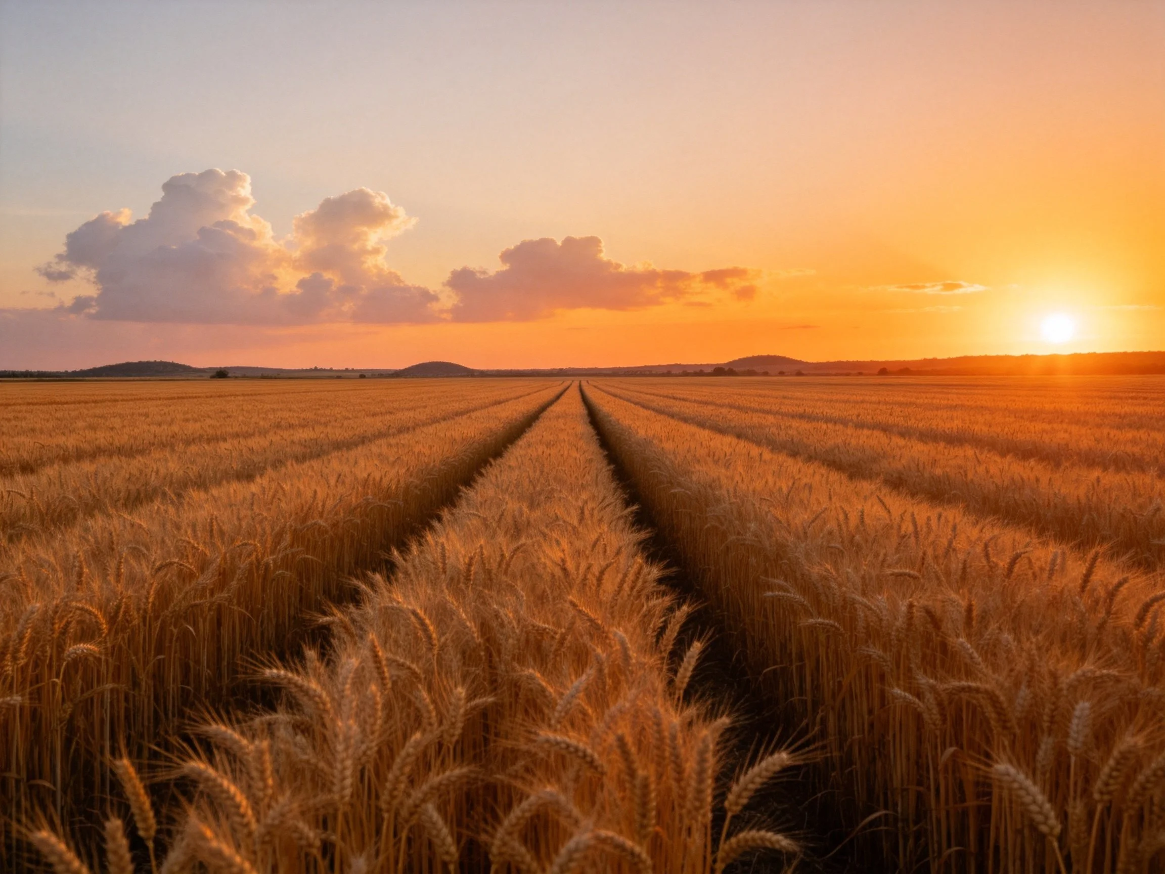 Golden wheat field at sunset with orange sky