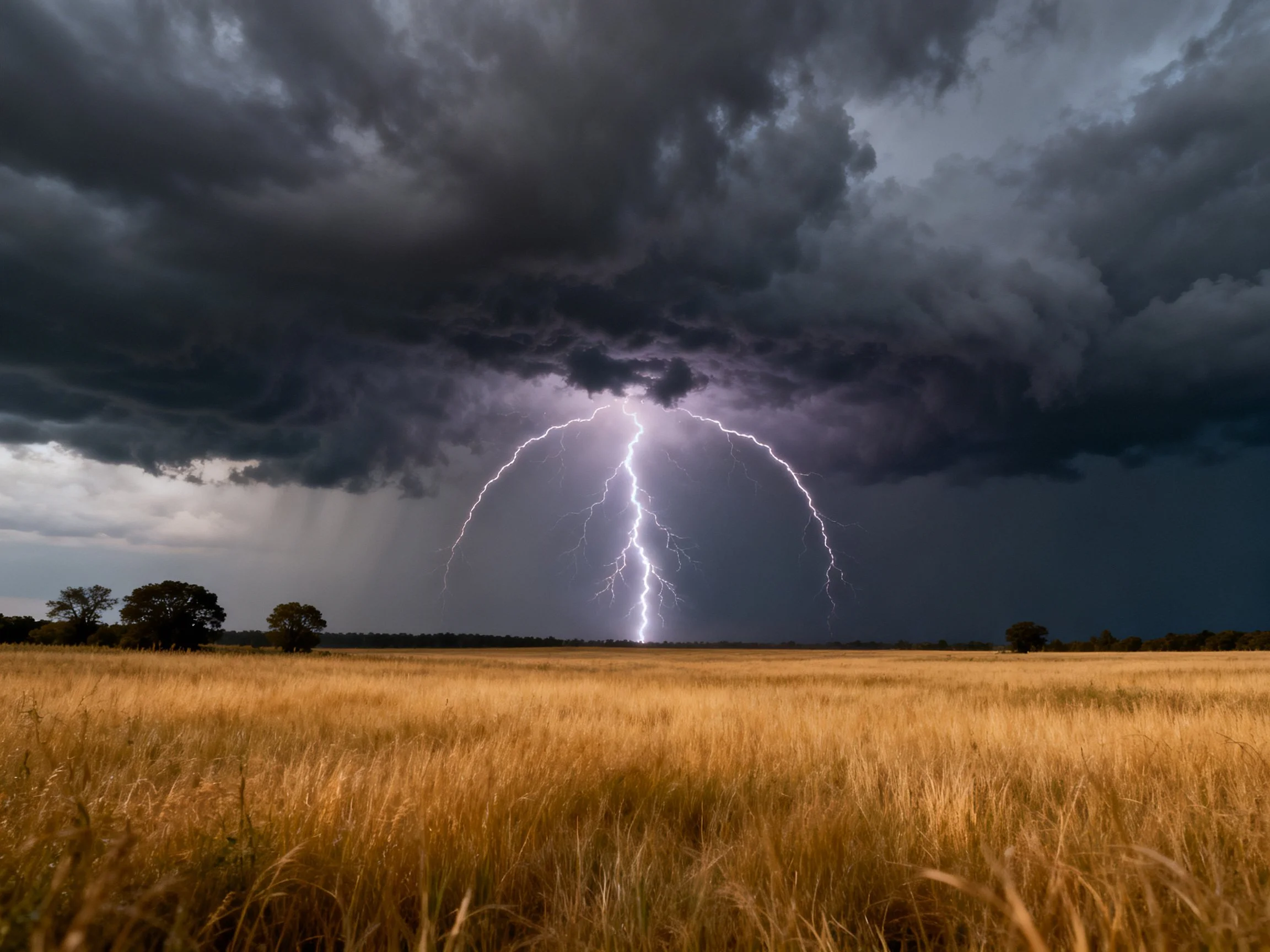 Golden wheat field beneath dark storm clouds with lightning strike
