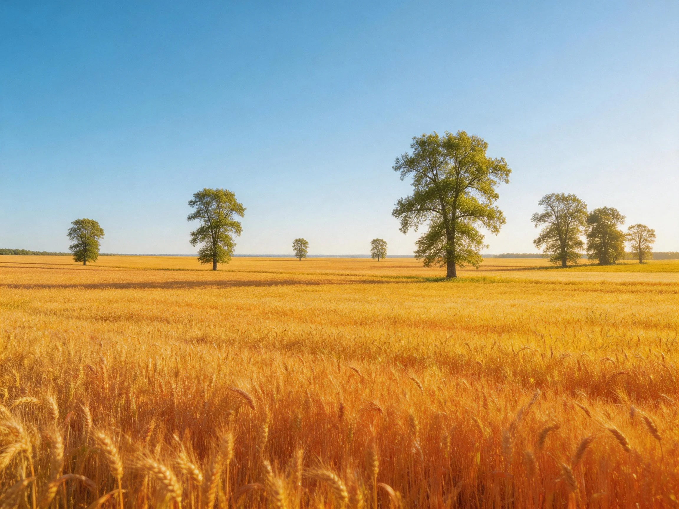 Golden wheat field dotted with green trees under clear blue sky