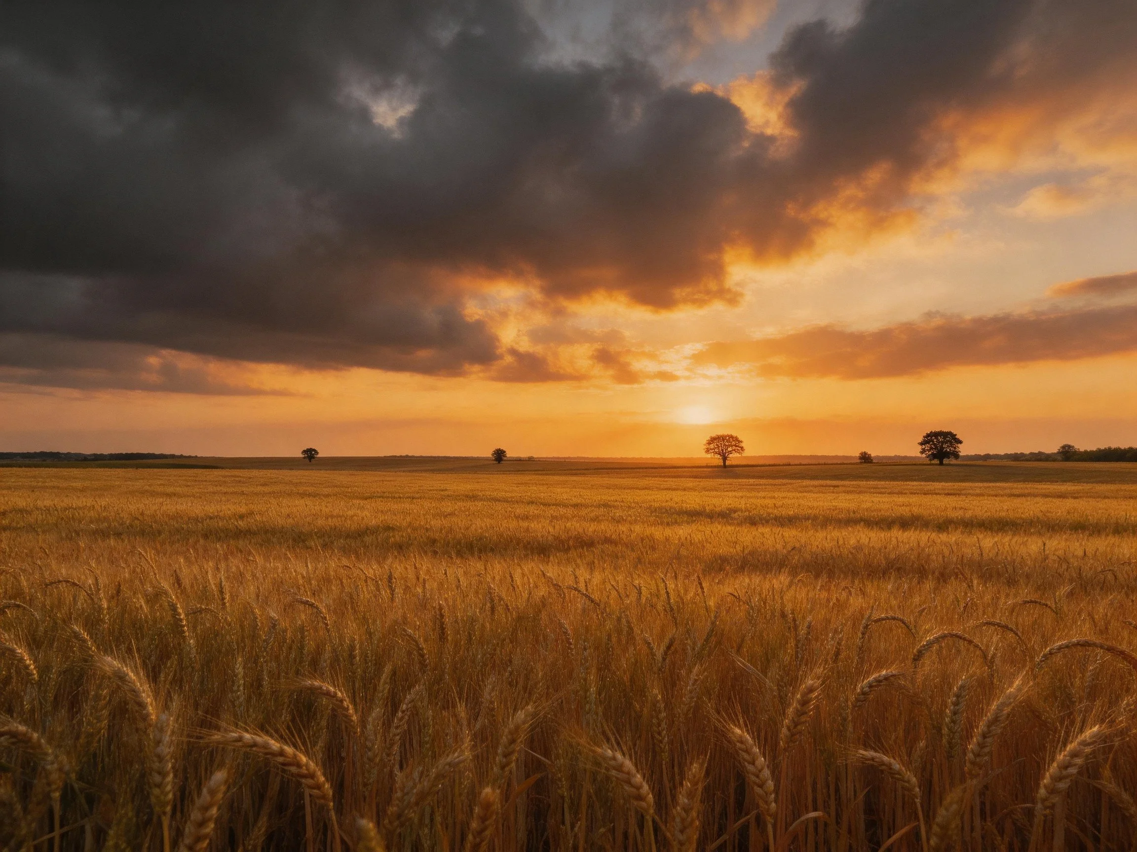 Golden wheat field under dramatic sunset sky with scattered trees