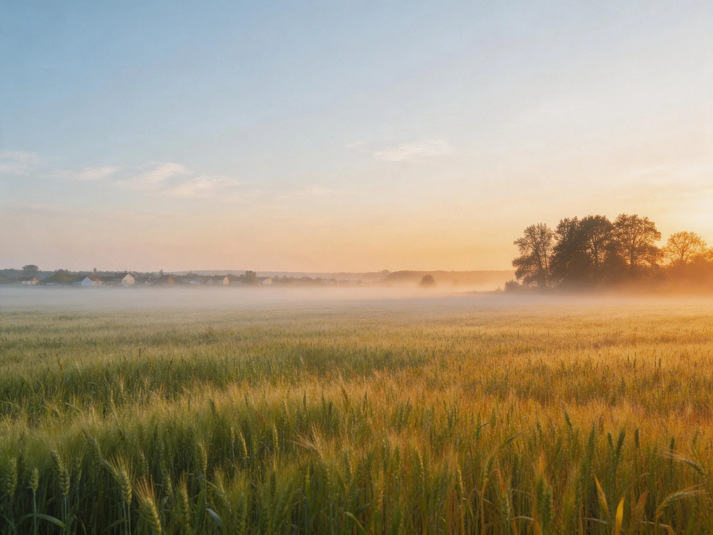 Golden wheat field under misty dawn sky with distant trees