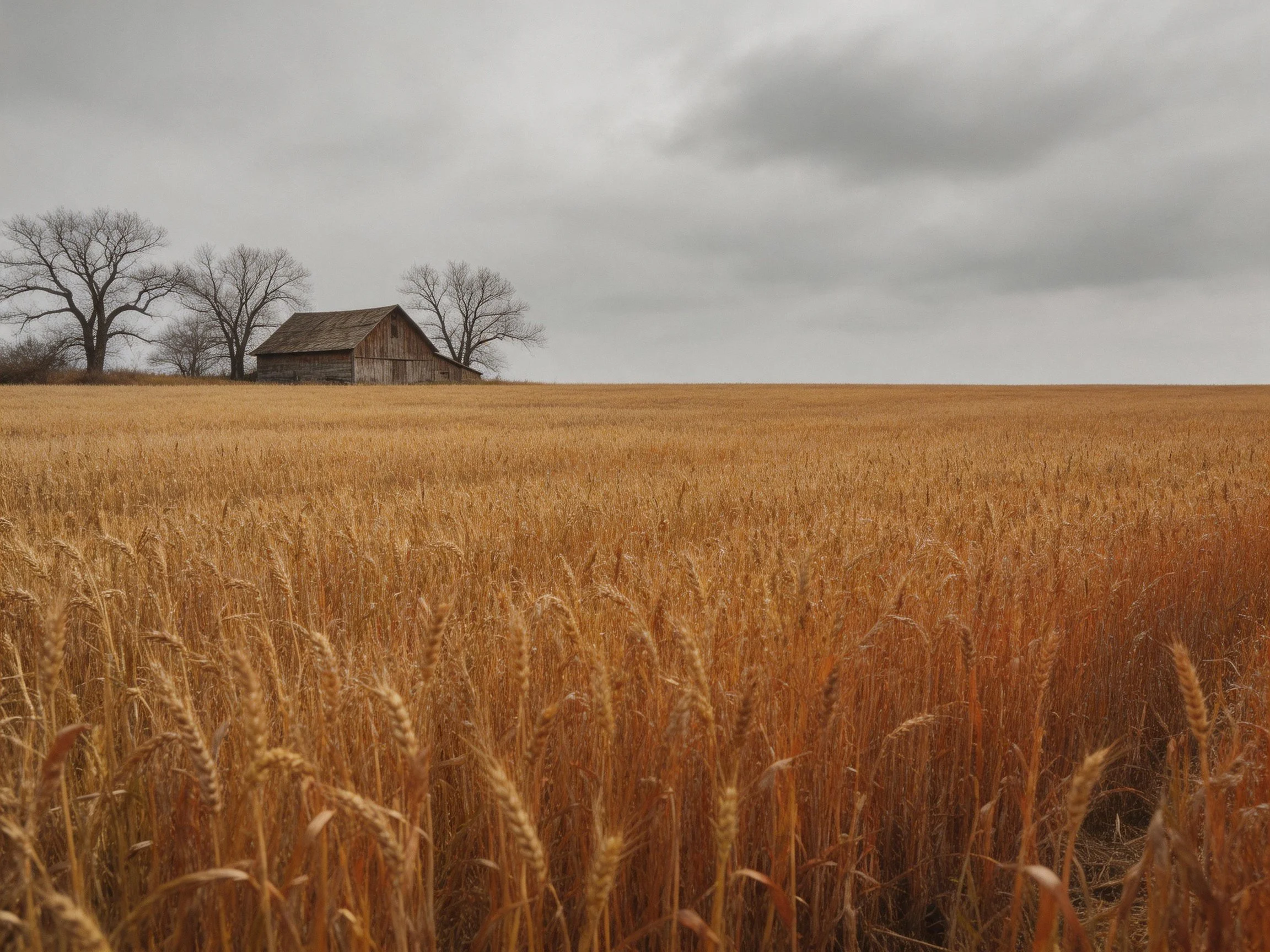 Golden wheat field under overcast sky with old wooden barn near bare trees